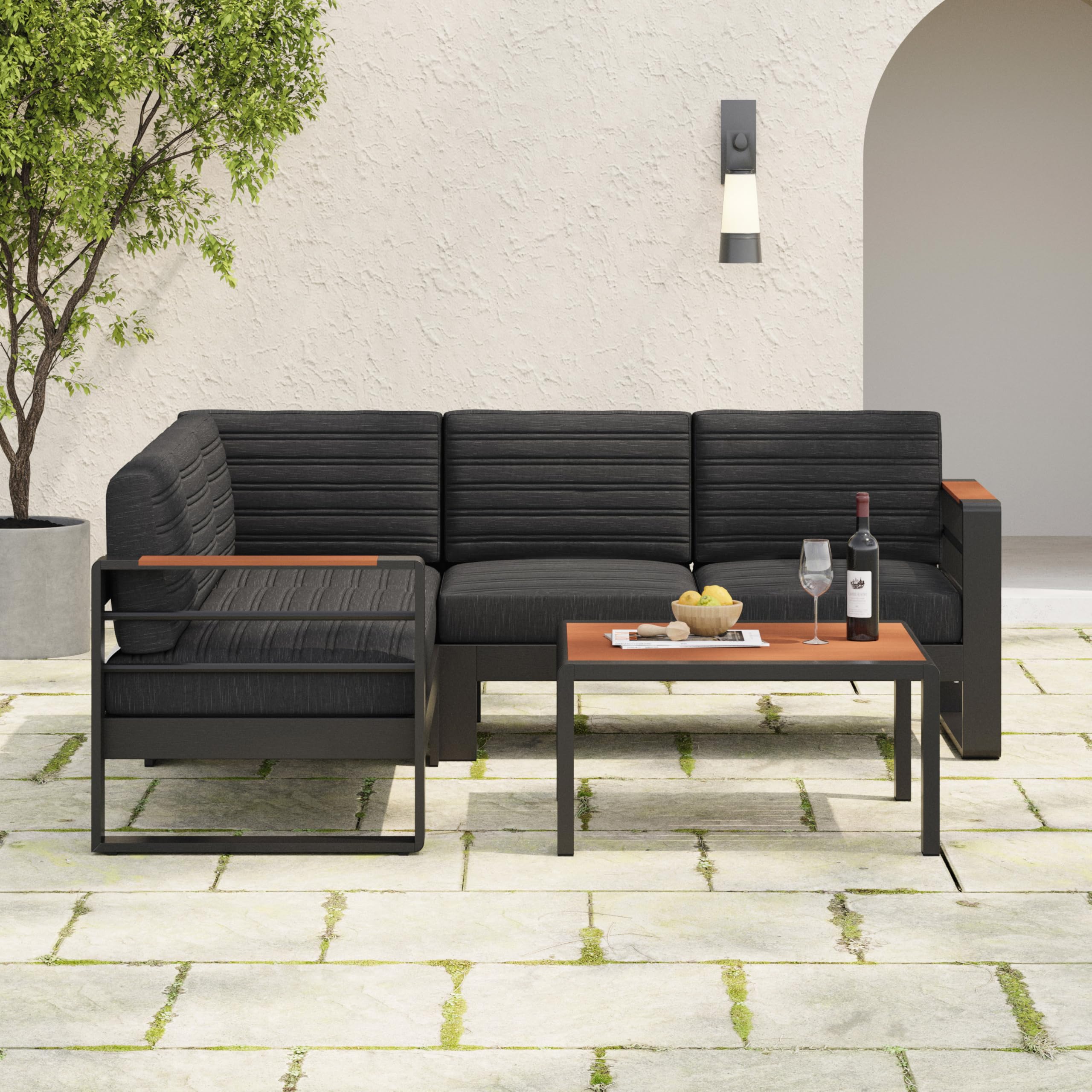 Christopher Knight Home Sornsa Outdoor Aluminum Frame Sets, Outdoor Sectional Sofas with Table Set, Aluminum Frame Sofas Sets, Polywood Accents Seating Patio Furniture Conversation Sets, Black