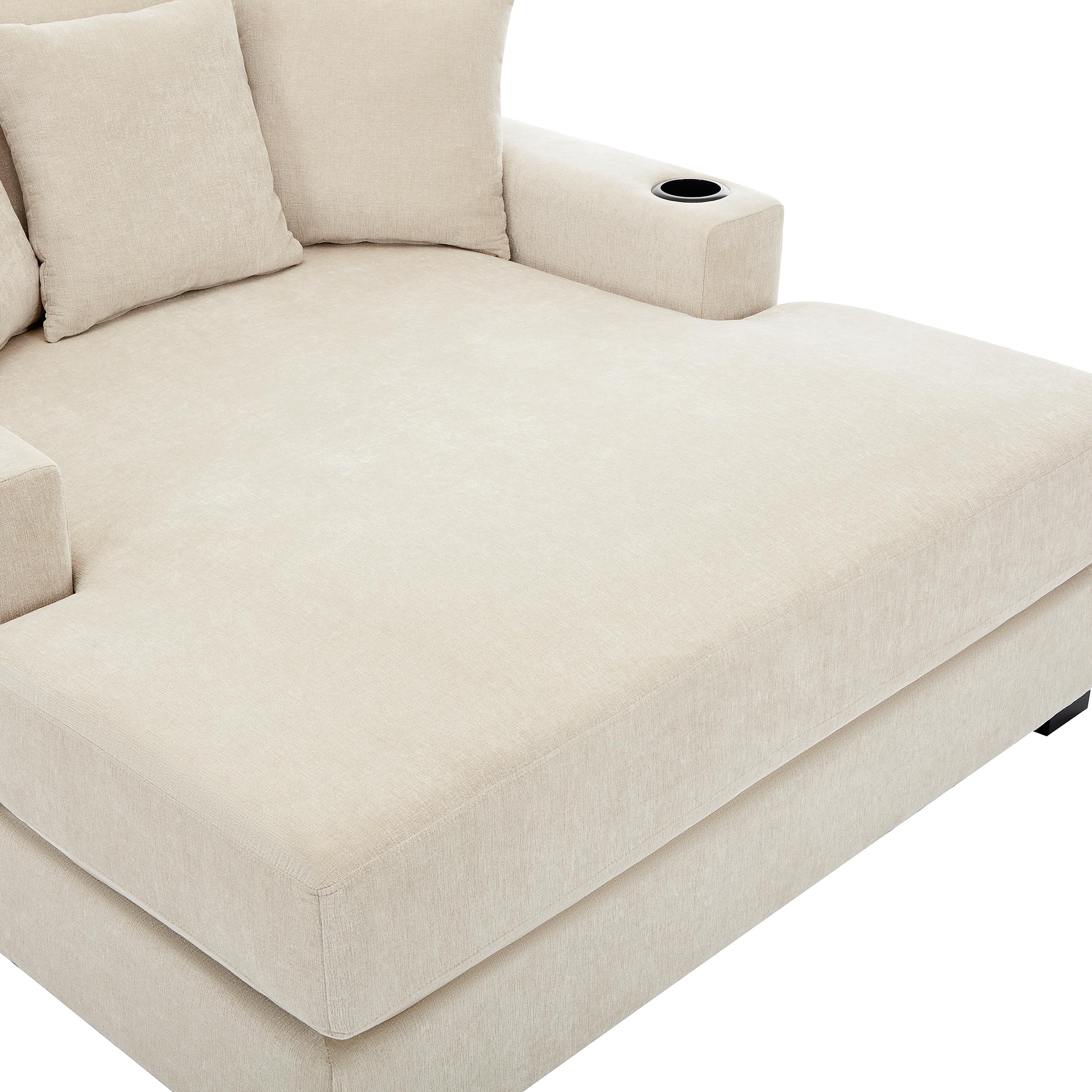 Brabrety Oversized Chaise Lounger Modern Style Sofa Couch,with Pillows, Charge Station & Cup Holders, Chenille Fabric (Cream-55in)