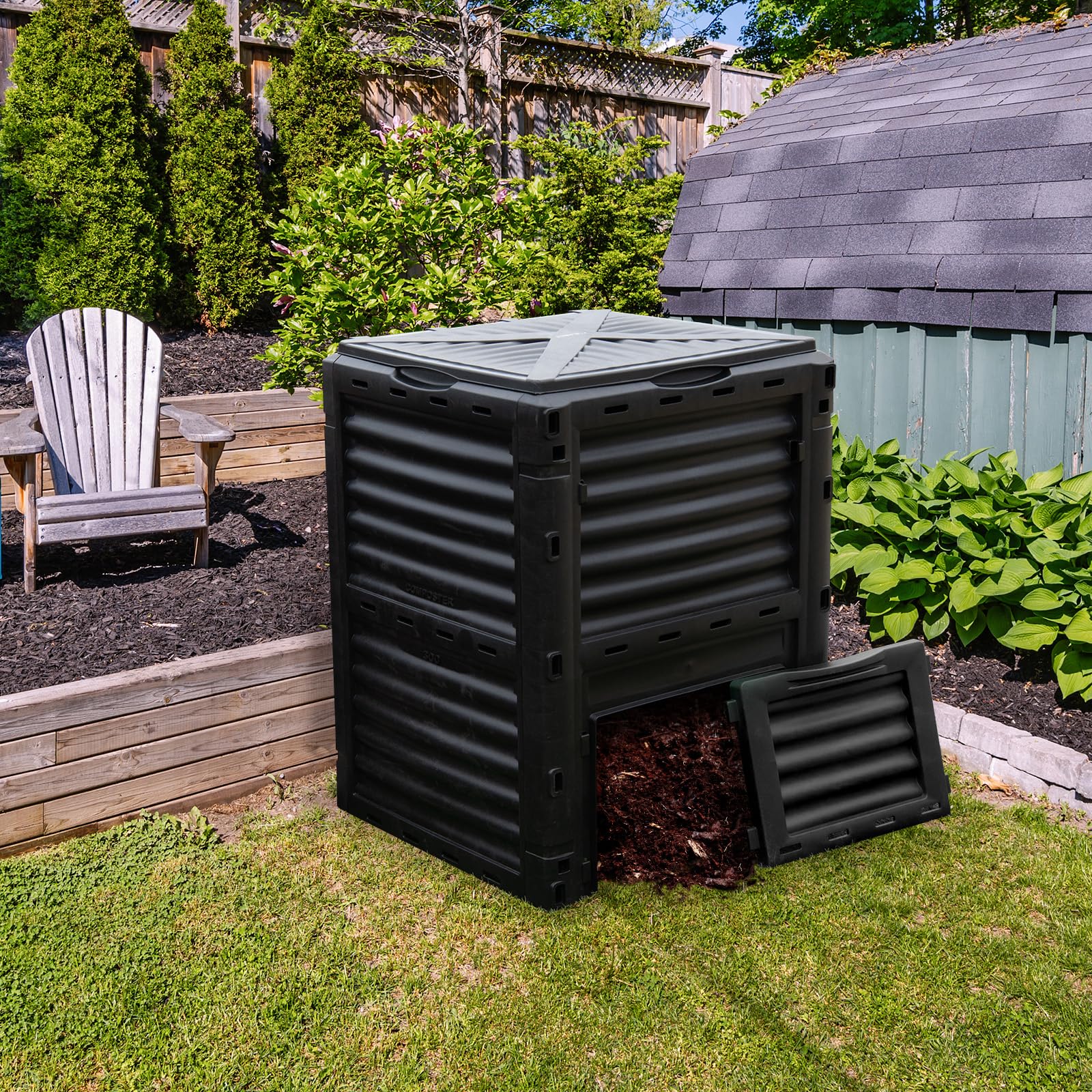 Goplus Compost Bin, 80 Gallon (300 L) Large Outdoor Composting Box w/Top Flip Latch-on Lid, Bottom Exit Door, BPA Free Material, Grass Food Trash Composter Barrel for Garden Yard (Black)