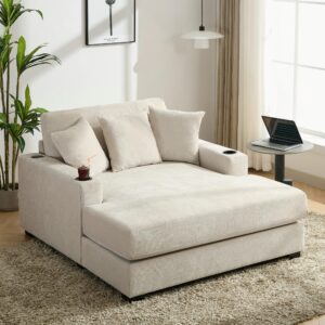 brabrety oversized chaise lounger modern style sofa couch,with pillows, charge station & cup holders, chenille fabric (cream-55in)