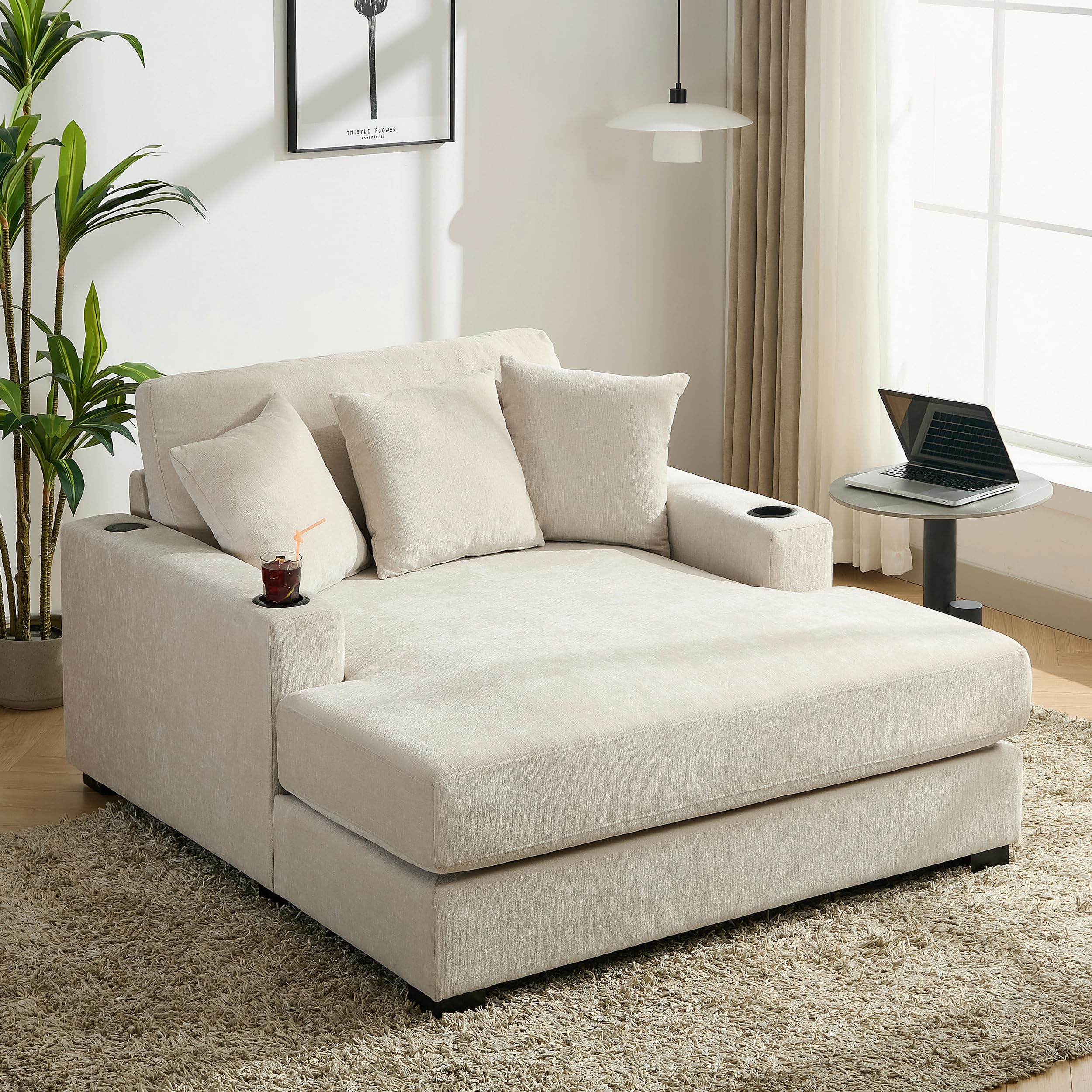 Brabrety Oversized Chaise Lounger Modern Style Sofa Couch,with Pillows, Charge Station & Cup Holders, Chenille Fabric (Cream-55in)