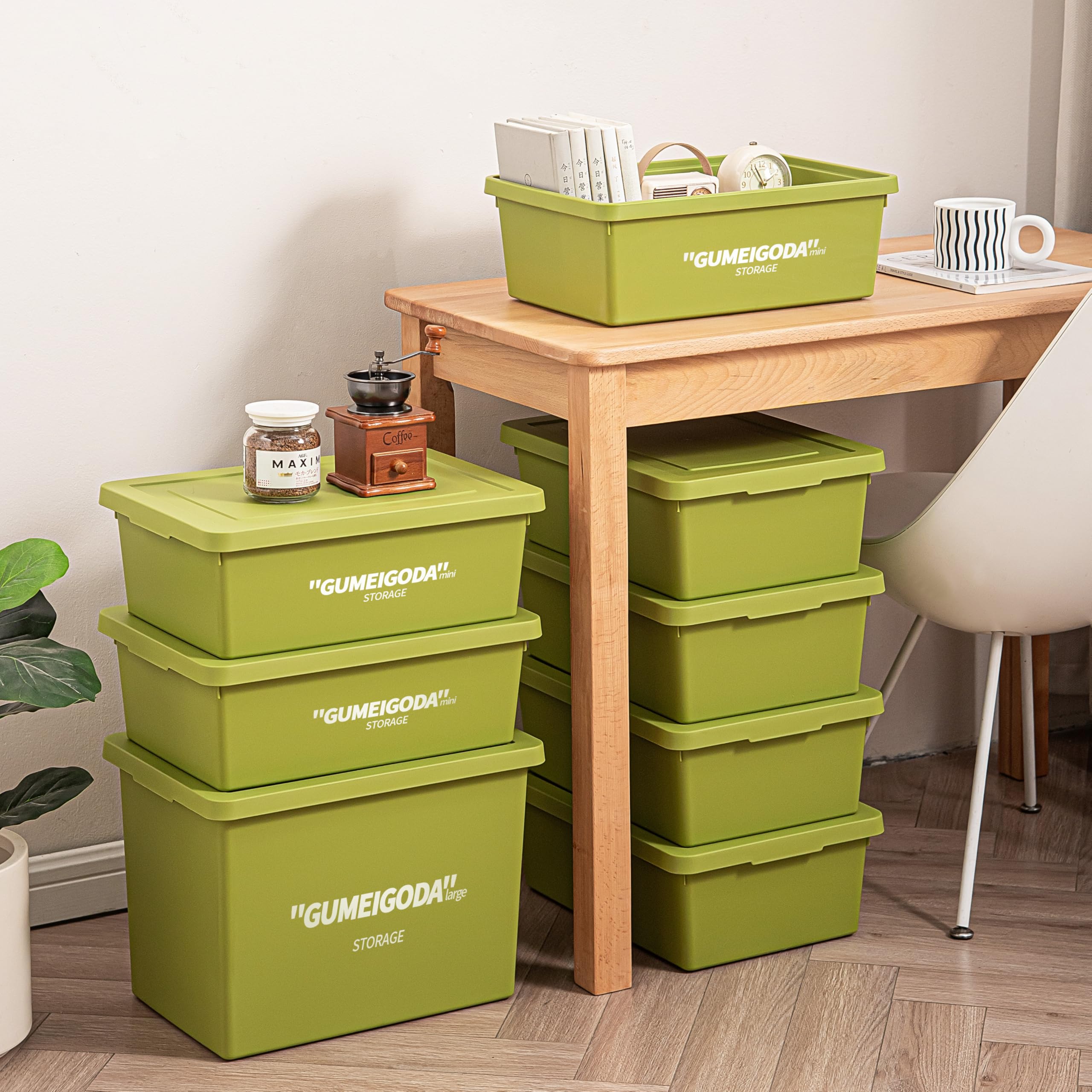 Storage Bins With Lids Set of 4, Green Stackable Boxes,Lid Buckles Bins,Garage container,Shelves, Office,Bedroom,Outdoors Plastic Storage Box for Organizing clothes,books,snacks,sundries（Green,4M）