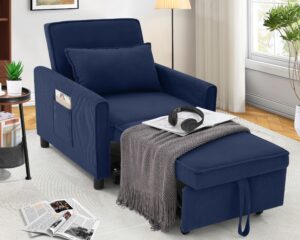 sejov sleeper chair, 4-in-1 convertible sleeper sofa bed with adjustable backrest, corduroy pull out chair bed single recliner for living room, bedroom, apartment, office, small space, navy blue