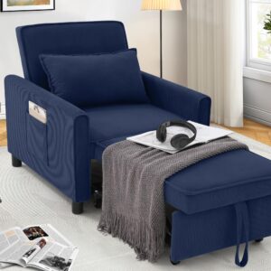 SEJOV Sleeper Chair, 4-in-1 Convertible Sleeper Sofa Bed with Adjustable Backrest, Corduroy Pull Out Chair Bed Single Recliner for Living Room, Bedroom, Apartment, Office, Small Space, Navy Blue