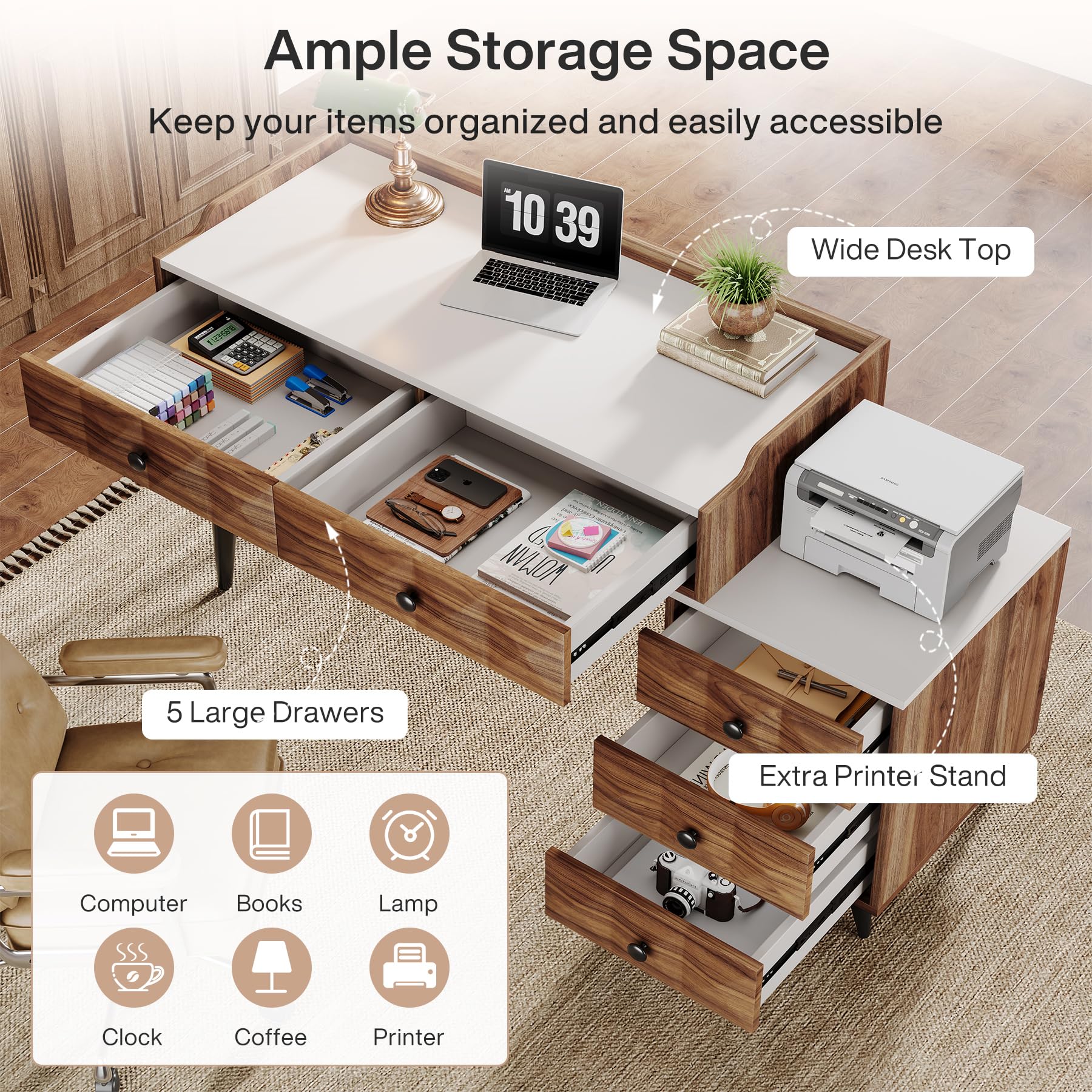 Tribesigns Computer Desk with 5 Drawers, Extendable Home Office Desk with Drawer Cabinet Printer Stand, Modern Study Writing Table Workstation for Bedroom, Living Room, Small Spaces, Brown & White