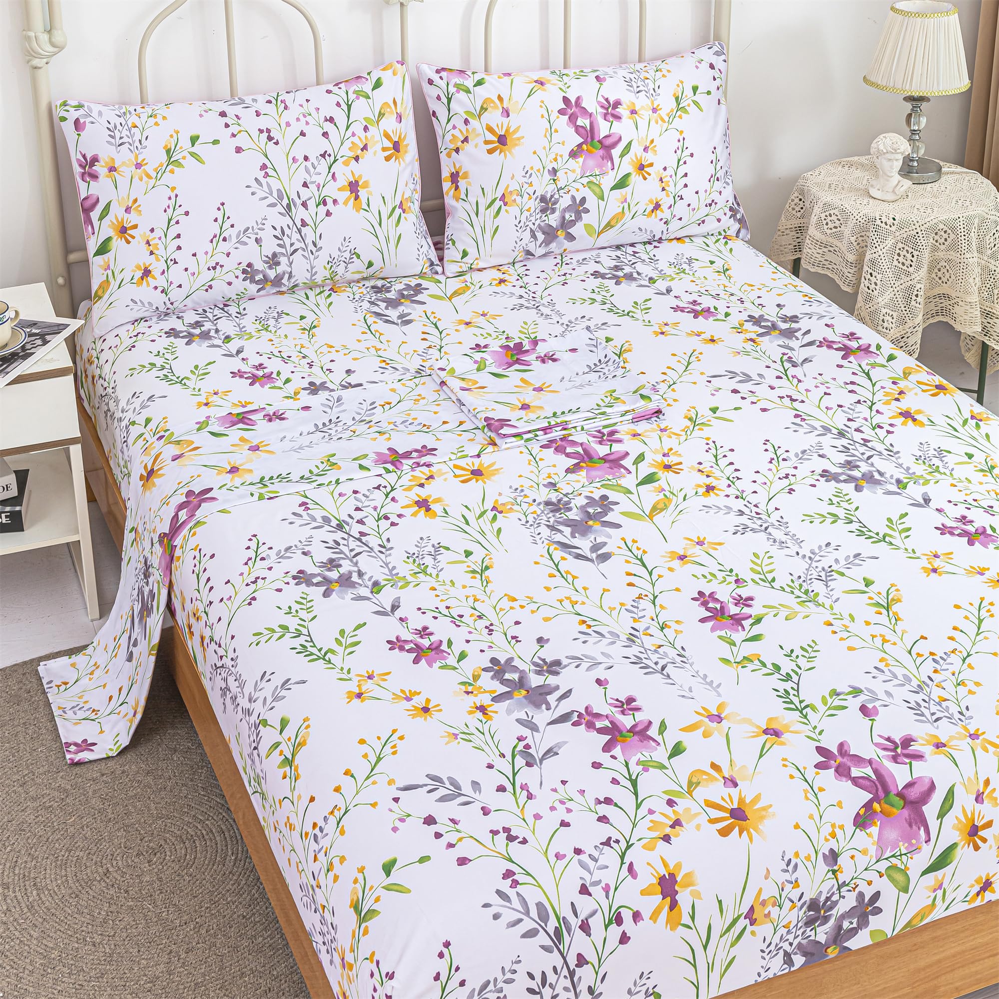 RYNGHIPY Cotton Floral Bed Sheet Set Full Size Botanical Flowers Print Girls Bedding Shabby Garden Floral Bed Sheets