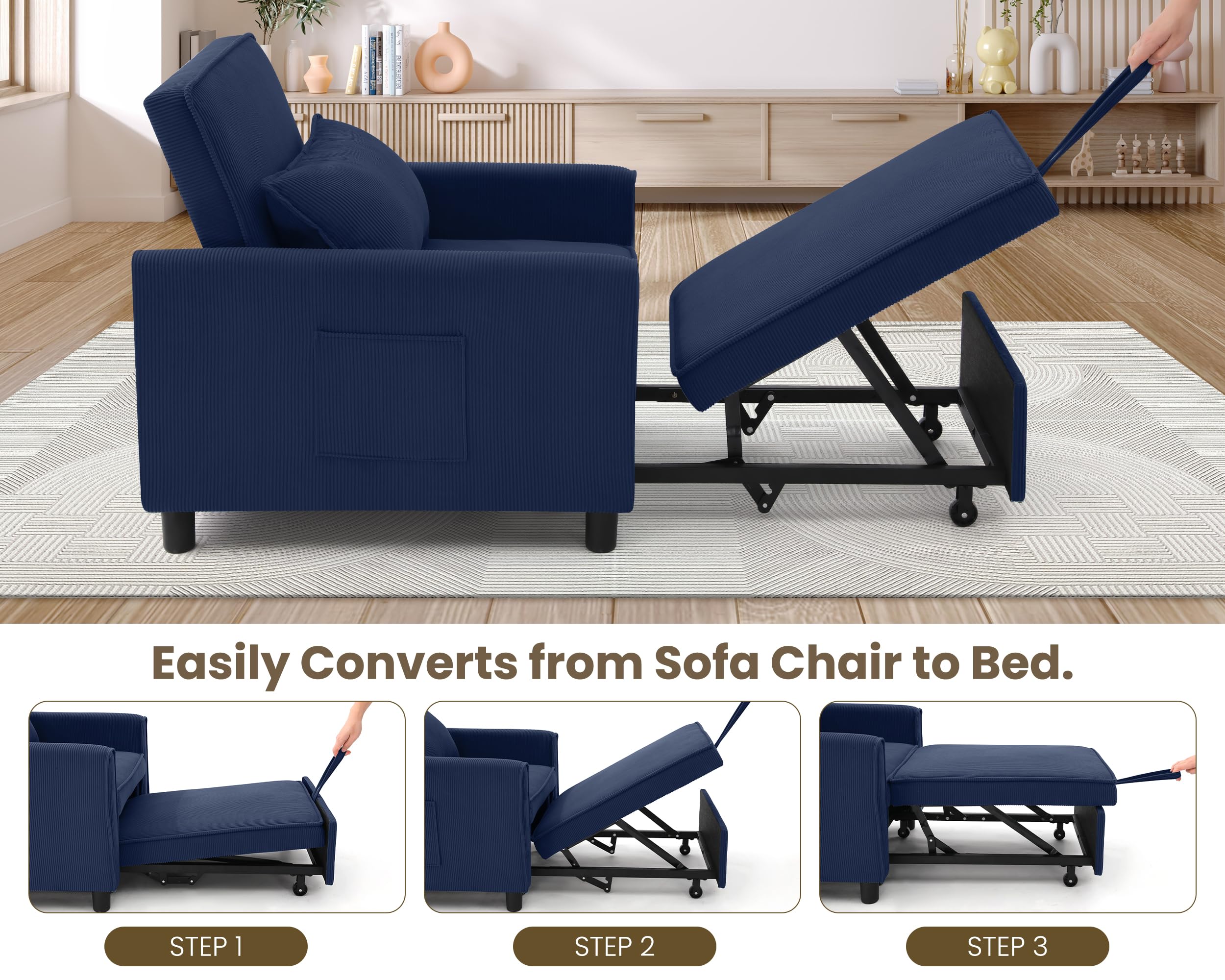 SEJOV Sleeper Chair, 4-in-1 Convertible Sleeper Sofa Bed with Adjustable Backrest, Corduroy Pull Out Chair Bed Single Recliner for Living Room, Bedroom, Apartment, Office, Small Space, Navy Blue