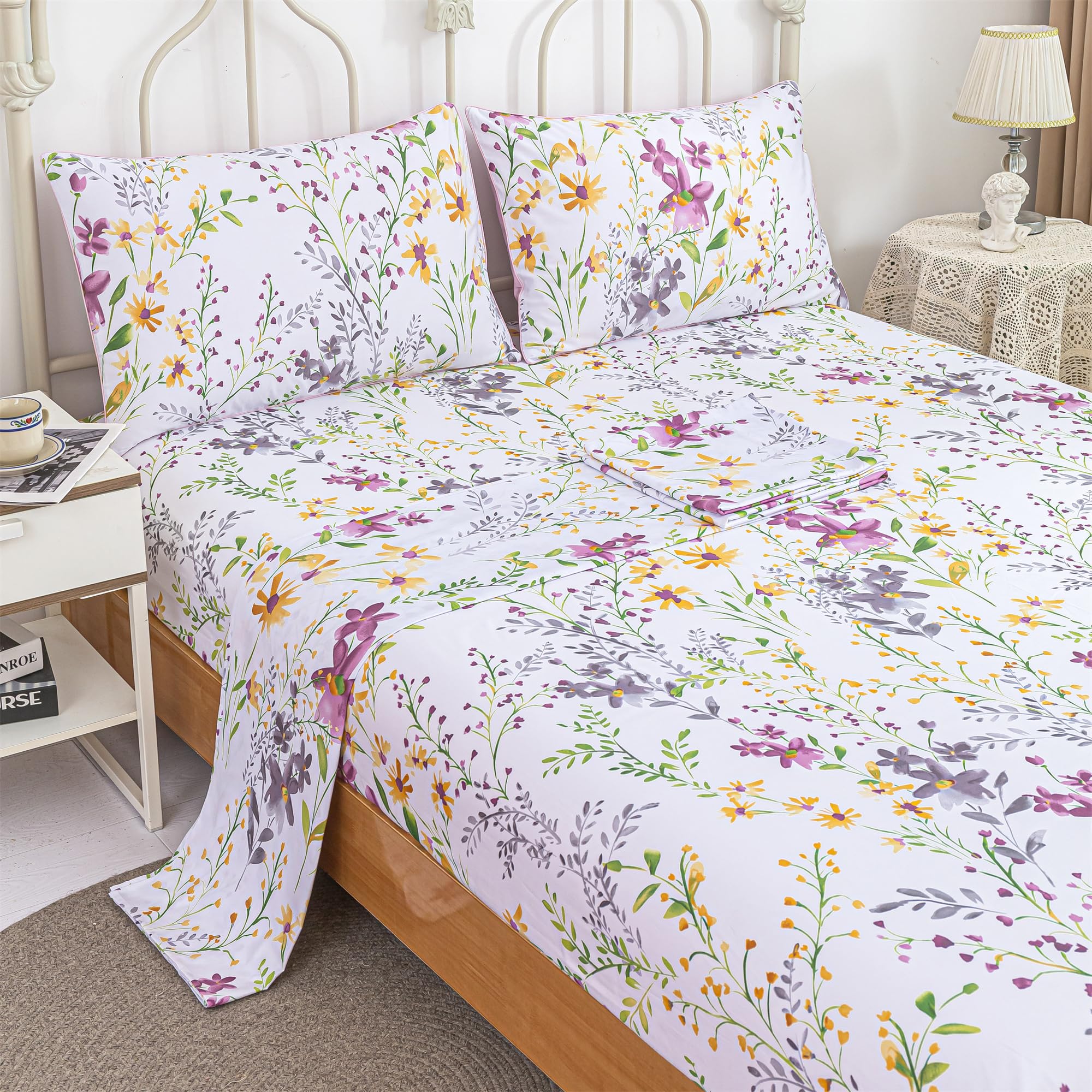 RYNGHIPY Cotton Floral Bed Sheet Set Full Size Botanical Flowers Print Girls Bedding Shabby Garden Floral Bed Sheets