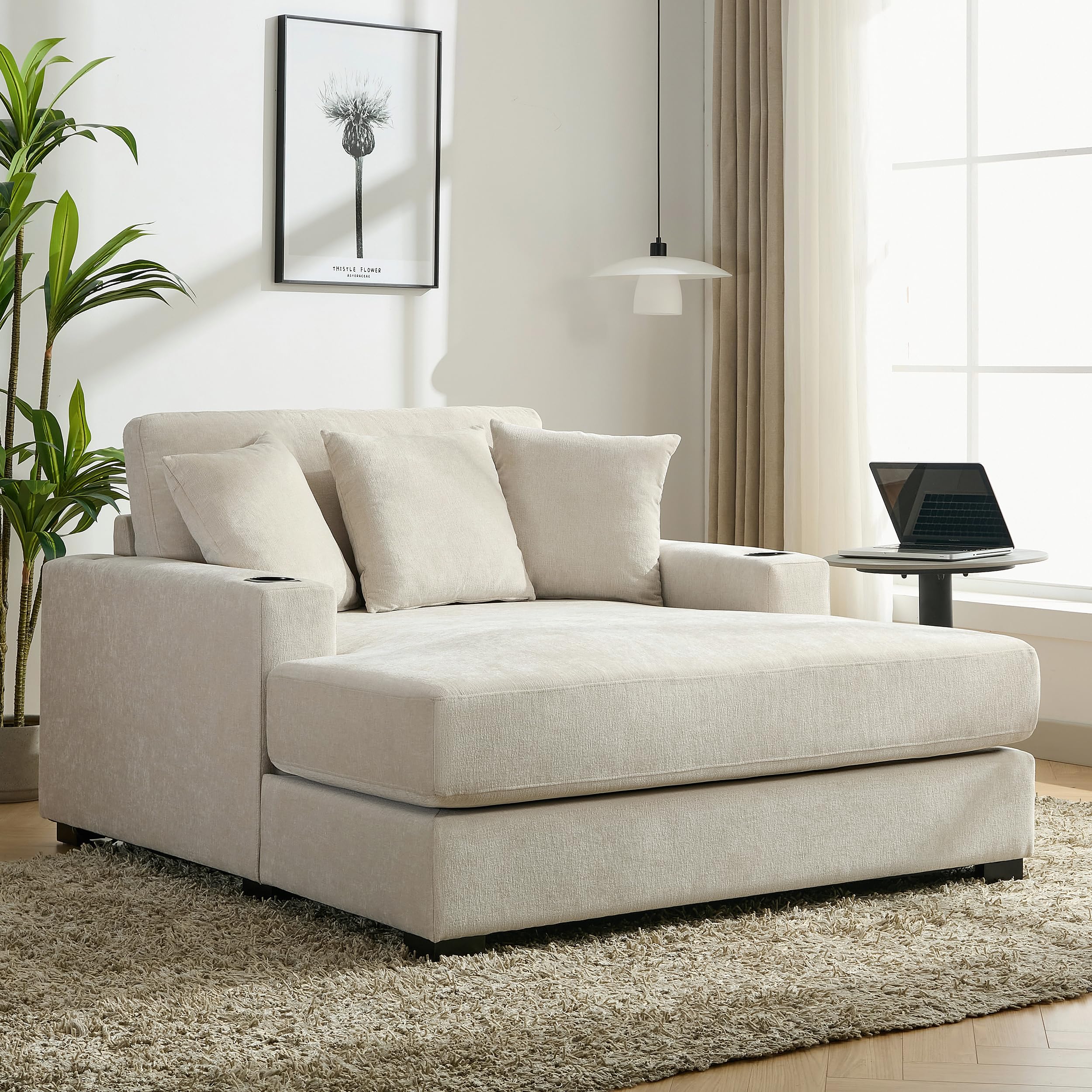 Brabrety Oversized Chaise Lounger Modern Style Sofa Couch,with Pillows, Charge Station & Cup Holders, Chenille Fabric (Cream-55in)