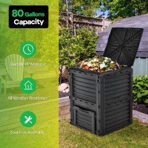 Goplus Compost Bin, 80 Gallon (300 L) Large Outdoor Composting Box w/Top Flip Latch-on Lid, Bottom Exit Door, BPA Free Material, Grass Food Trash Composter Barrel for Garden Yard (Black)