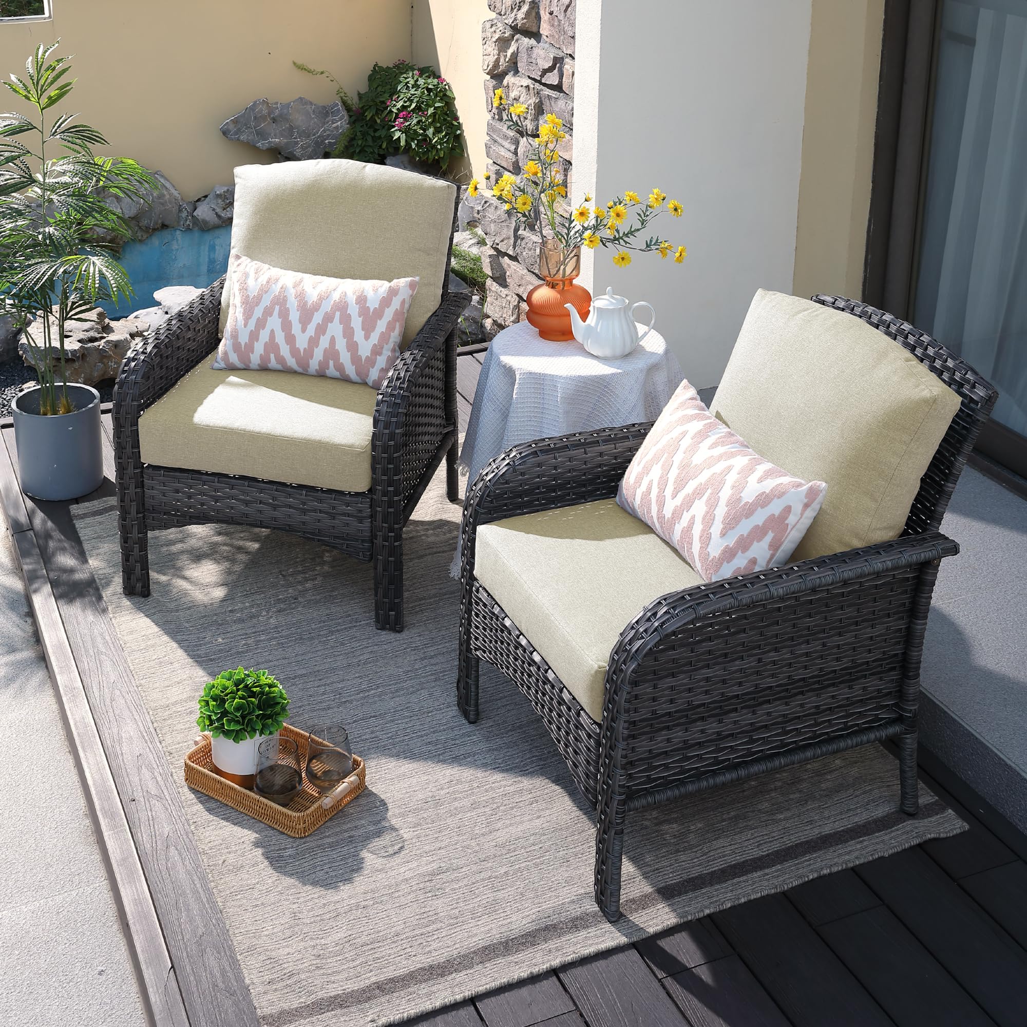 ovios 2 Pieces Patio Furniture Set, Outdoor Wicker Chairs of 2, All Weather High Back Rattan Chairs 2 Seats with Comfy Cushions for Porch Deck, Beige