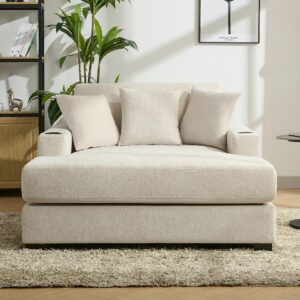 Brabrety Oversized Chaise Lounger Modern Style Sofa Couch,with Pillows, Charge Station & Cup Holders, Chenille Fabric (Cream-55in)