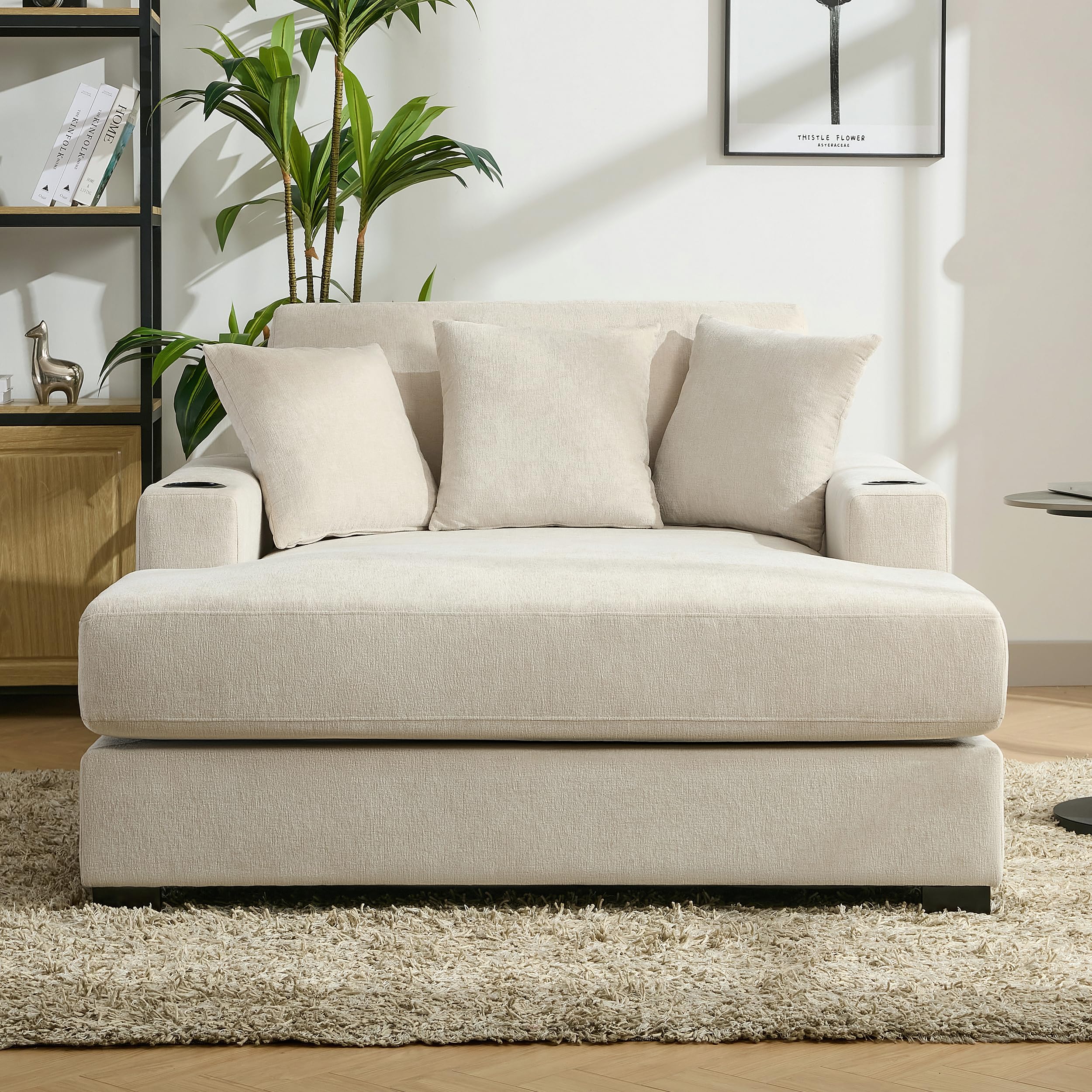 Brabrety Oversized Chaise Lounger Modern Style Sofa Couch,with Pillows, Charge Station & Cup Holders, Chenille Fabric (Cream-55in)