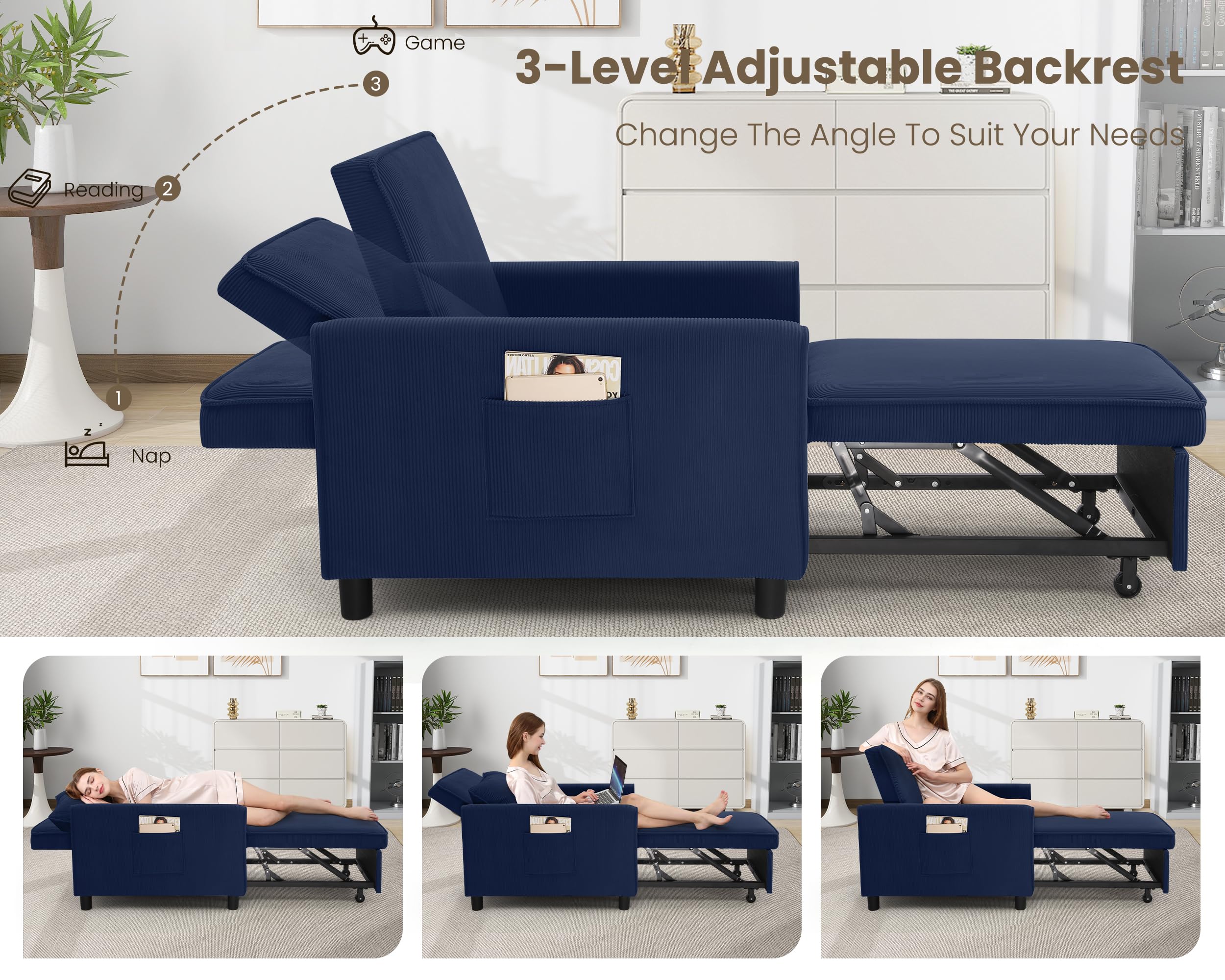 SEJOV Sleeper Chair, 4-in-1 Convertible Sleeper Sofa Bed with Adjustable Backrest, Corduroy Pull Out Chair Bed Single Recliner for Living Room, Bedroom, Apartment, Office, Small Space, Navy Blue