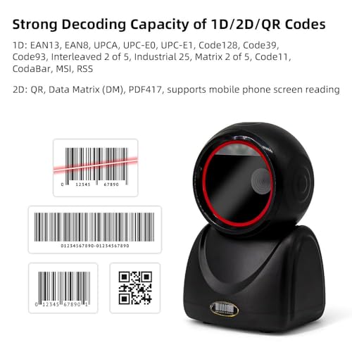 HXBER Barcode Scanner, 1D 2D QR Desktop Wired Barcode Scanner High-Speed Platform Hands-Free Automatic Sense Reader USB Port Plug&Play Compatible with Window Android System Image CMOS Sensor Suitable