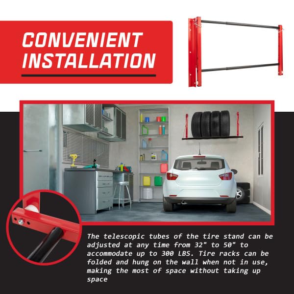 Stalwart Tire Rack - 32 to 50in Adjustable Tire Storage Rack - Wall Mounted Garage Shelving for Seasonal Tires - 300lb Capacity - Car Accessories