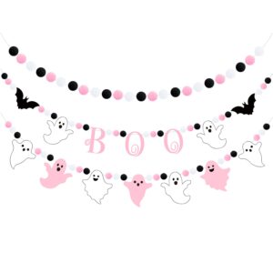 doumeny 3pcs halloween boo felt garlands bat hanging banner ghost theme ball garlands halloween black pink white pom pom banner halloween party felt banner for halloween party fireplace home decor