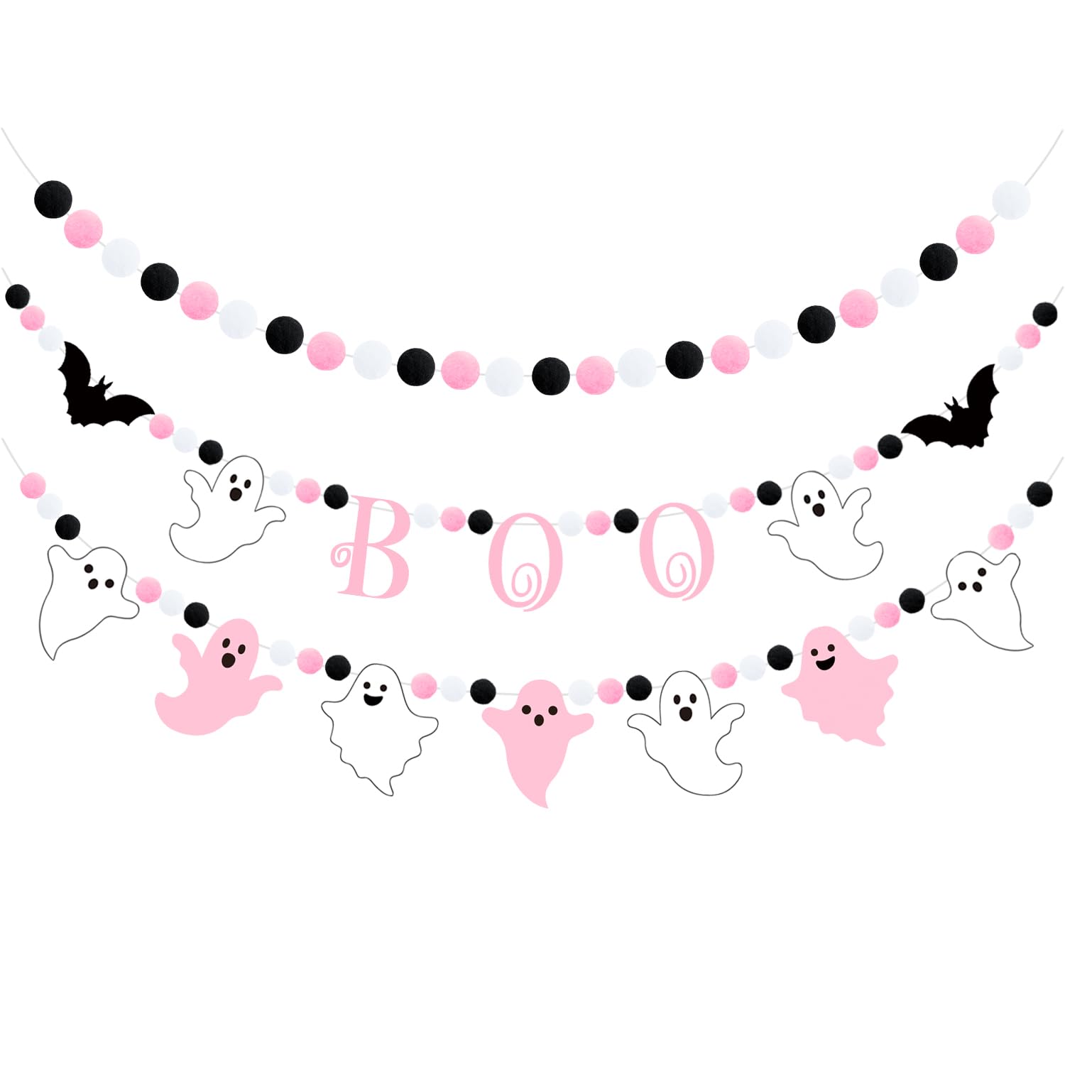 Doumeny 3pcs Halloween Boo Felt Garlands Bat Hanging Banner Ghost Theme Ball Garlands Halloween Black Pink White Pom Pom Banner Halloween Party Felt Banner for Halloween Party Fireplace Home Decor