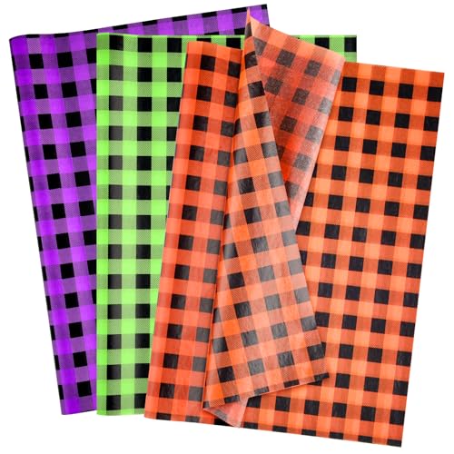 NEBURORA 60 Sheets Halloween Tissue Paper 14 x 20inch Orange Green Purple Buffalo Plaid Wrapping Paper for DIY Craft Gift Bags Halloween Party Supplies