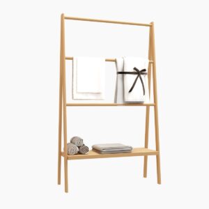 boyang bathroom standing shelves towel rack, bamboo ladder towel rack with storage shelf, bathroom standing shelves for bathroom, bedroom, living room, poolside (towel rack)