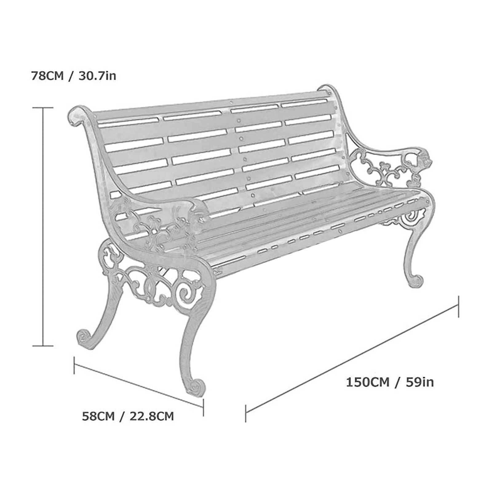 Outdoor Solid Wood Garden Park Bench for 2-3 People, Weatherproof Patio Lawn Bench Porch Seat with Cast Iron Frame, Porch/Deck/Patio Furniture Bench with Backrest and Armrests(Teak+Black Chair Legs,15