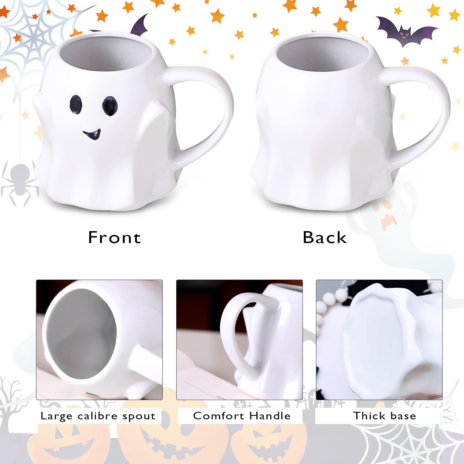 FANFX 13oz Halloween Ghost Mug, Ceramic Halloween White Ghost Pattern Mug. Coffee Mugs Halloween Birthday Tabletop Drinks Adult Gifts Children Gifts Women Gifts