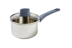 t-fal essentials stainless steel sauce pan with lid 3.2 quart, all cooktops including induction, oven safe 350f, multipurpose saucepan, chef's classic pot,measuring marks, dishwasher safe silver/blue