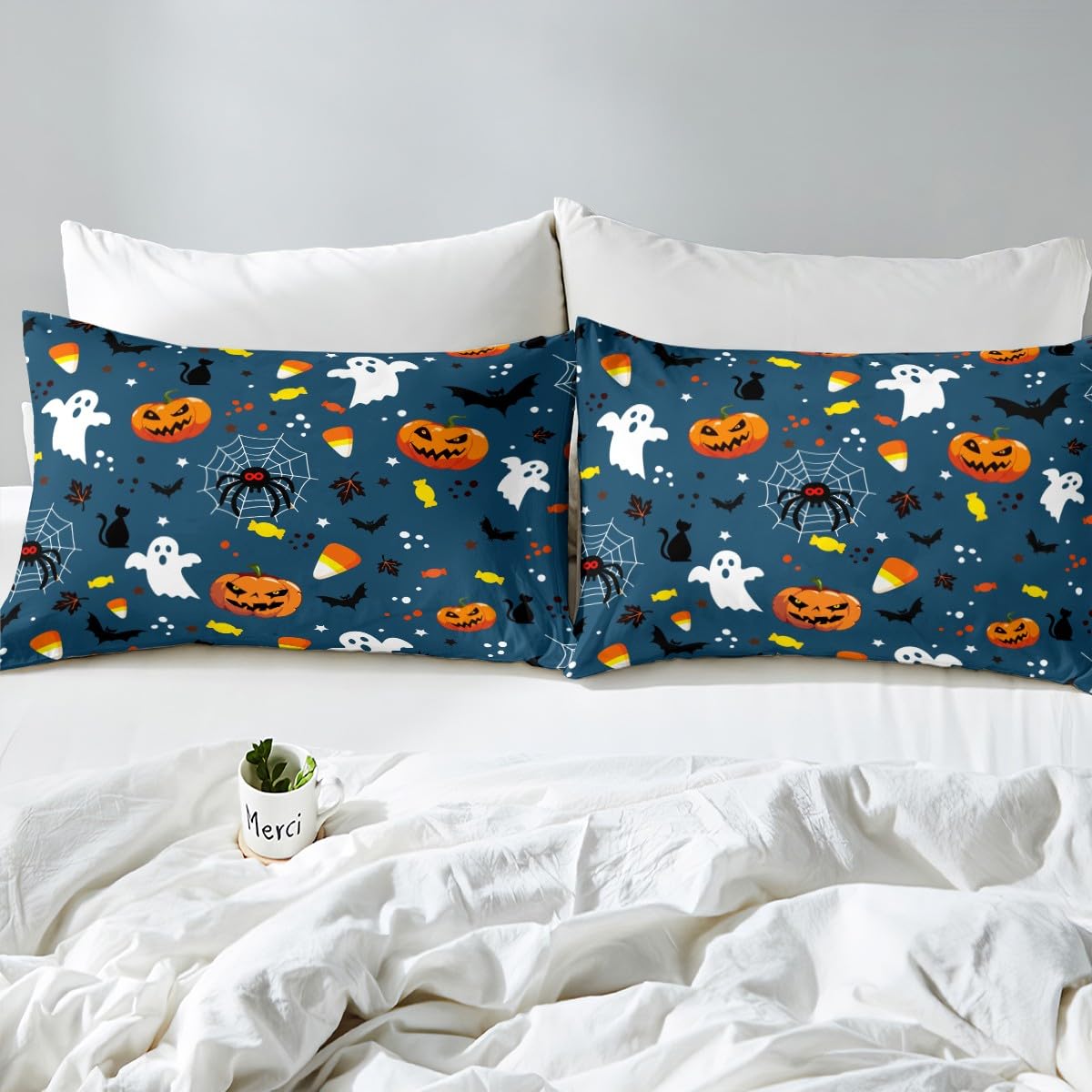 Erosebridal Happy Halloween Bedding Set King Size, Ghost Gothic Style Duvet Cover Pumpkin Candies Comforter Cover for Kids Boys Teens Adult, Spider Bat Reptile Quilt Cover, Dark Blue