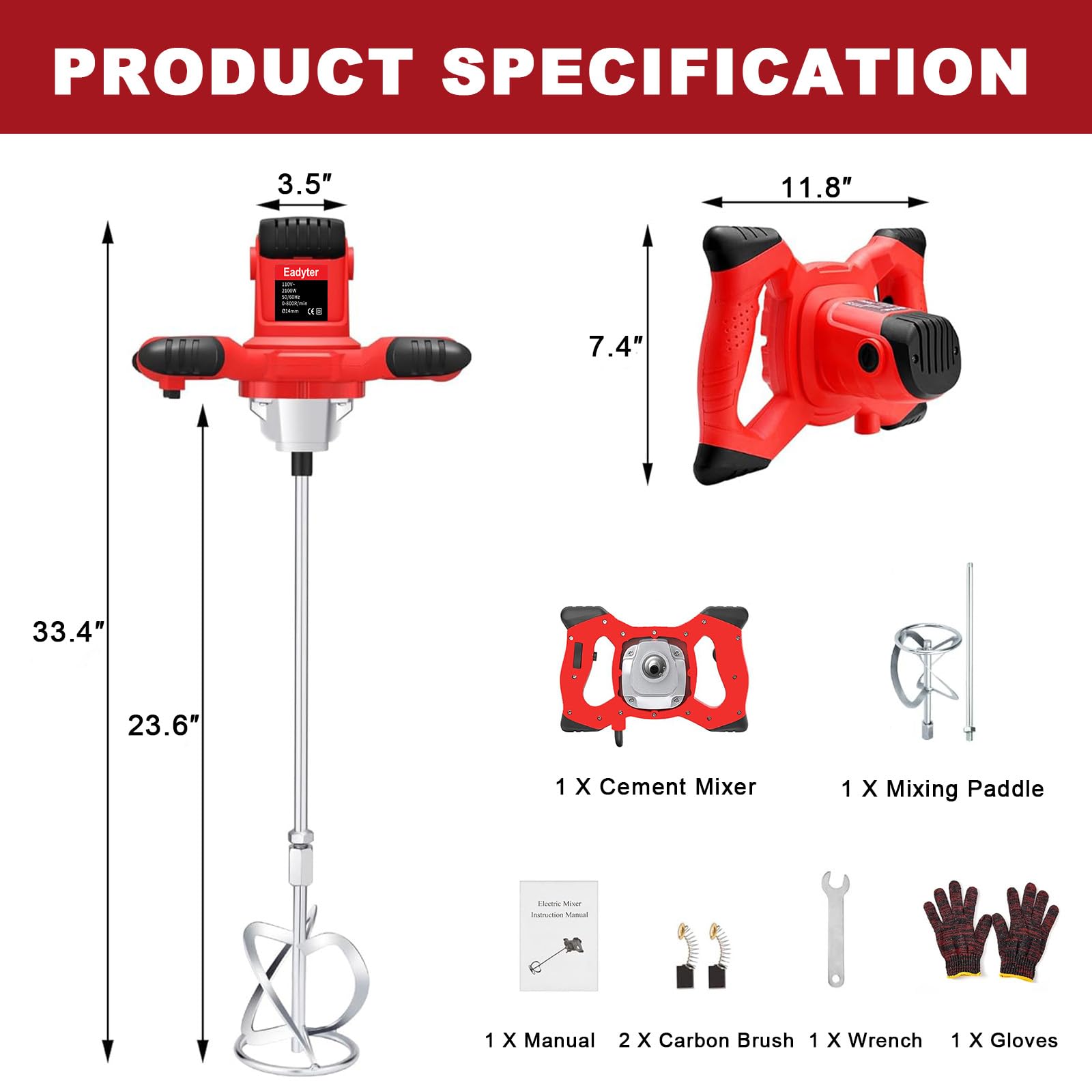 Cement Mixer, 2100W Handheld Electric Concrete Mixer, Portable Mortar Mixer with 6 Adjustable Speed, 110V Mud Mixer Machine Drill Tool for Paint Mortar Fodder Mixing Drywall Grout Plaster (Red)