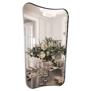 andy star chrome mirror for bathroom, 22x30 inch chrome metal framed mirror, polished silver bathroom vanity mirror, asymmetrical wall mirror thin frame deep 1’’, ideal for limited space