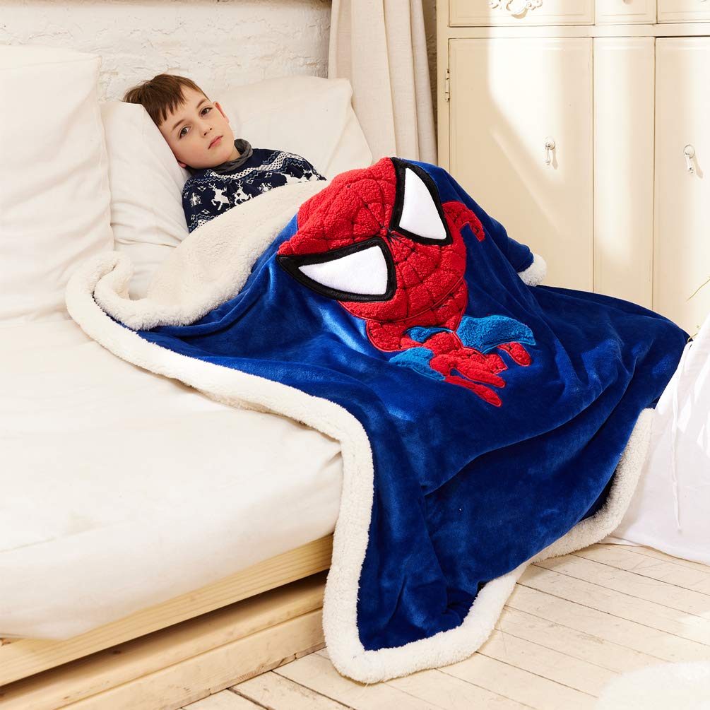 COCOPLAY W 3D Cartoon Embroidery Sherpa Flannel Blanket Throw for Kids, Soft Warm Cozy Plush Blanket for Couch Bed Sofa