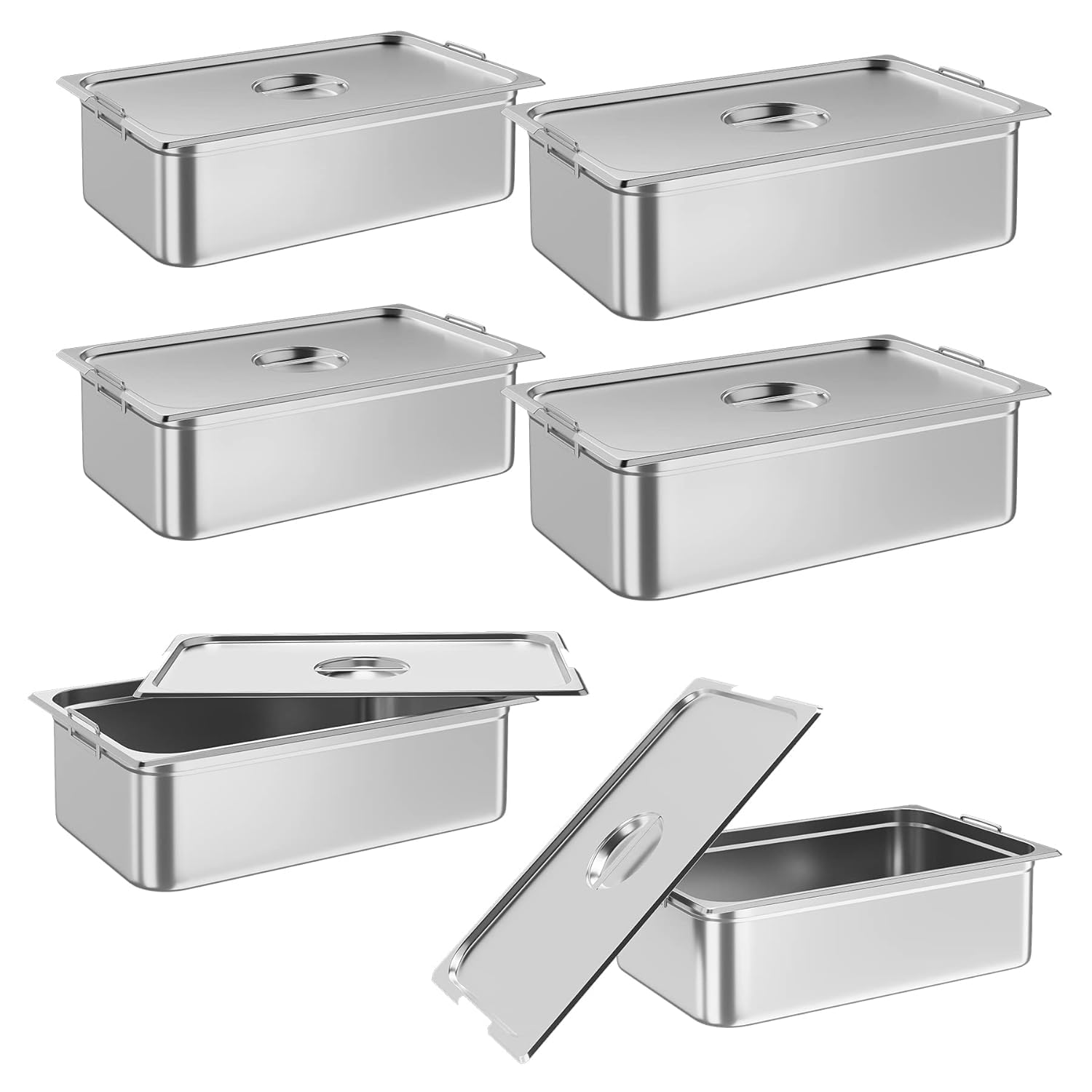 6 Pack Full Size Hotel Pan, Commercial Catering Hotel Pan, [NSF Certified][with Handle & Lid] Commercial Stainless Steel 6 Inch Deep Anti-Jamming Steam Table Pan