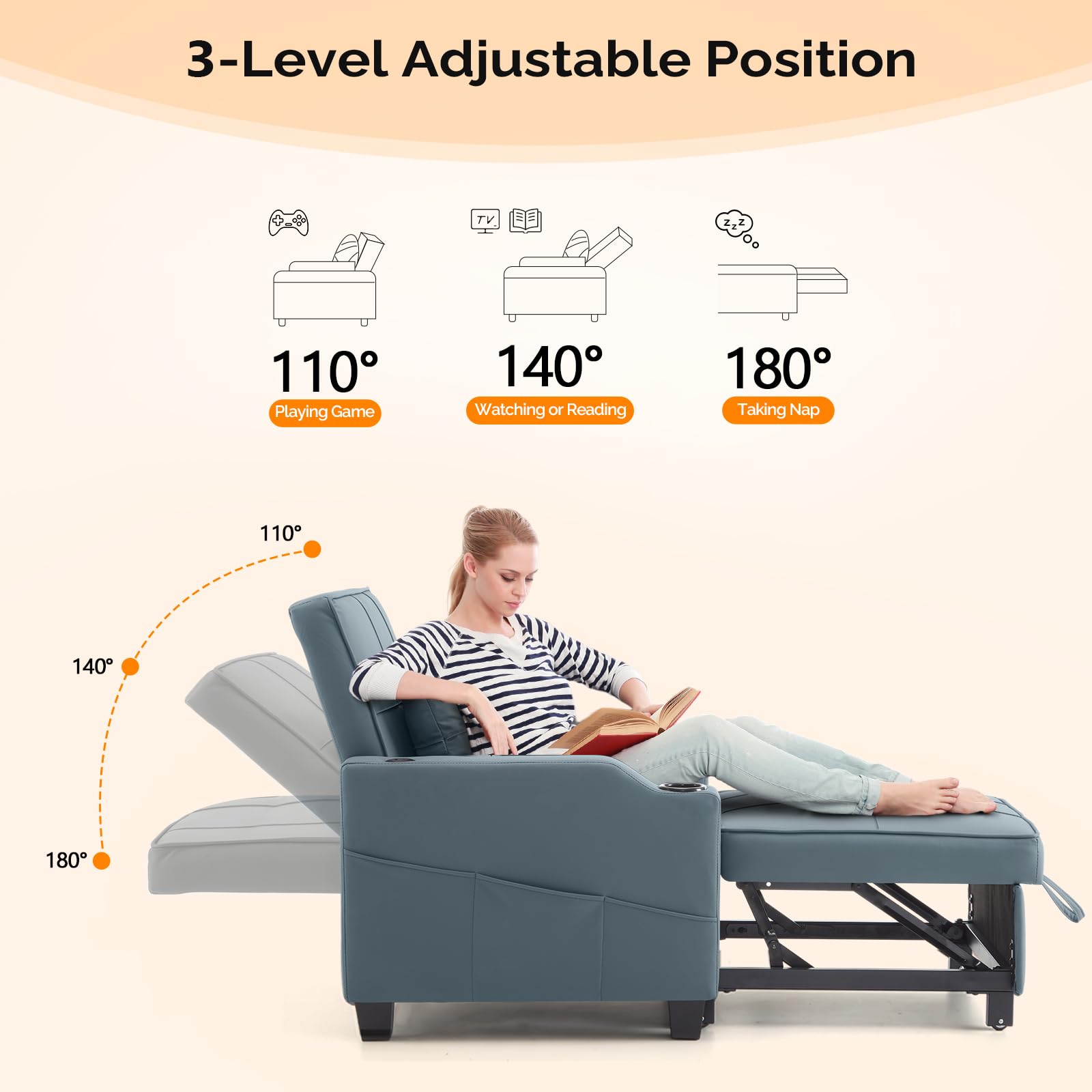 VINGLI Sofa Bed Chair Recliner, 3-in-1 Convertible Sleeper Sofa Chair Bed Blue Gray Daybed Pull Out Couch Bed with Adjustable Backrest, USB Ports, Cup Holders for Small Spaces Living Room