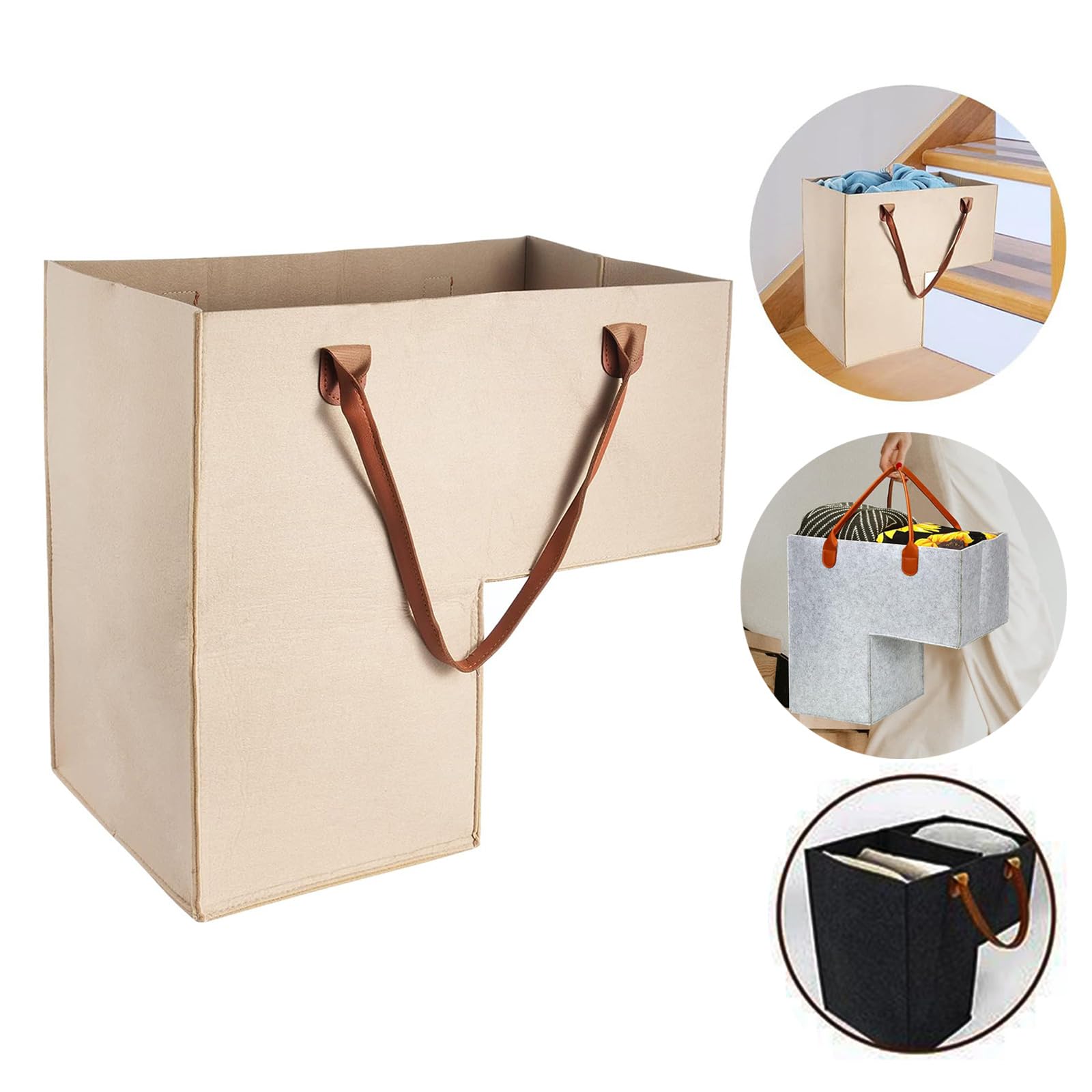 DLOULP Stair Basket with Leather Handles Felt L-Shape Large Capacity Stair Step Bag Foldable Staircase for Clothes