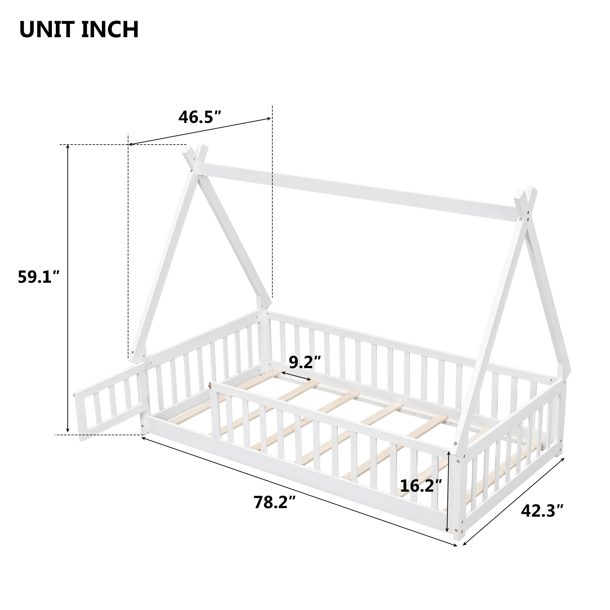 VPXTA Twin Floor Bed Frame for Toddlers, Montessori Floor Bed with Rails, Wood Bed with Fence and Door for Kids (Whtie, Twin)