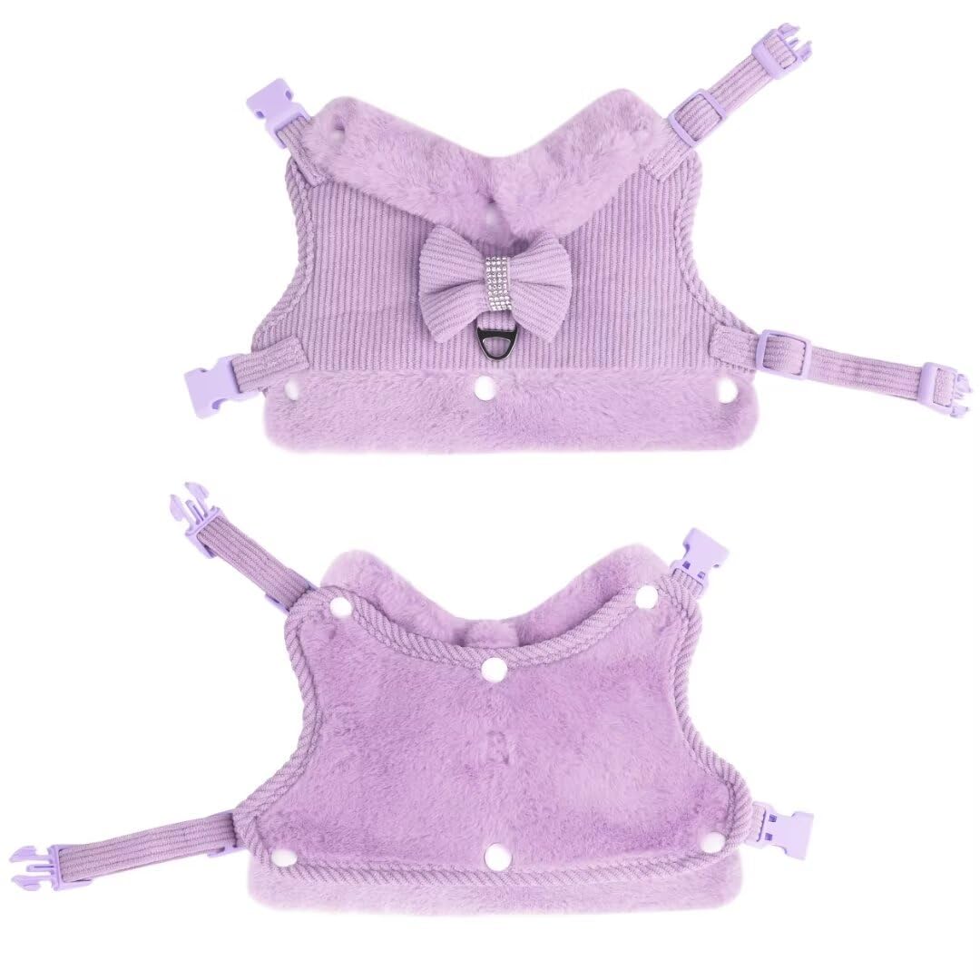 Beirui Cute Small Dog Harness and Leash Set with Bow Tie, Warm Soft Padded Pet Harness with Removable Fur Collar, Adjustable Girl Dog Harness with Quick Release Buckles for Walking(Purple,M)