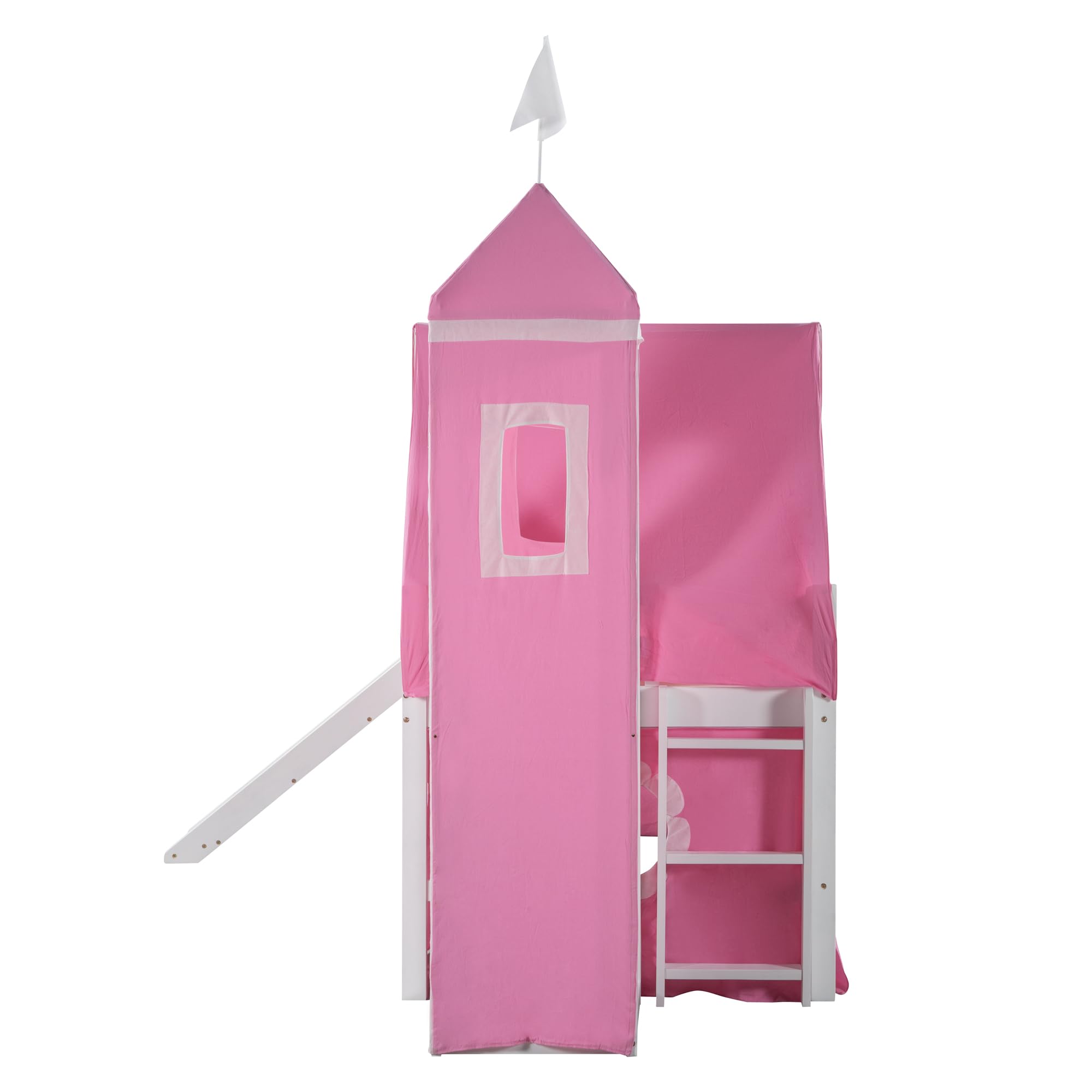 Pink Twin Size Loft Bed with Slide, Windows and Tent, Safe Playhouse Design with Guardrails and Ladder, No Box Spring Required, Perfect for Kids Bedrooms, Pink