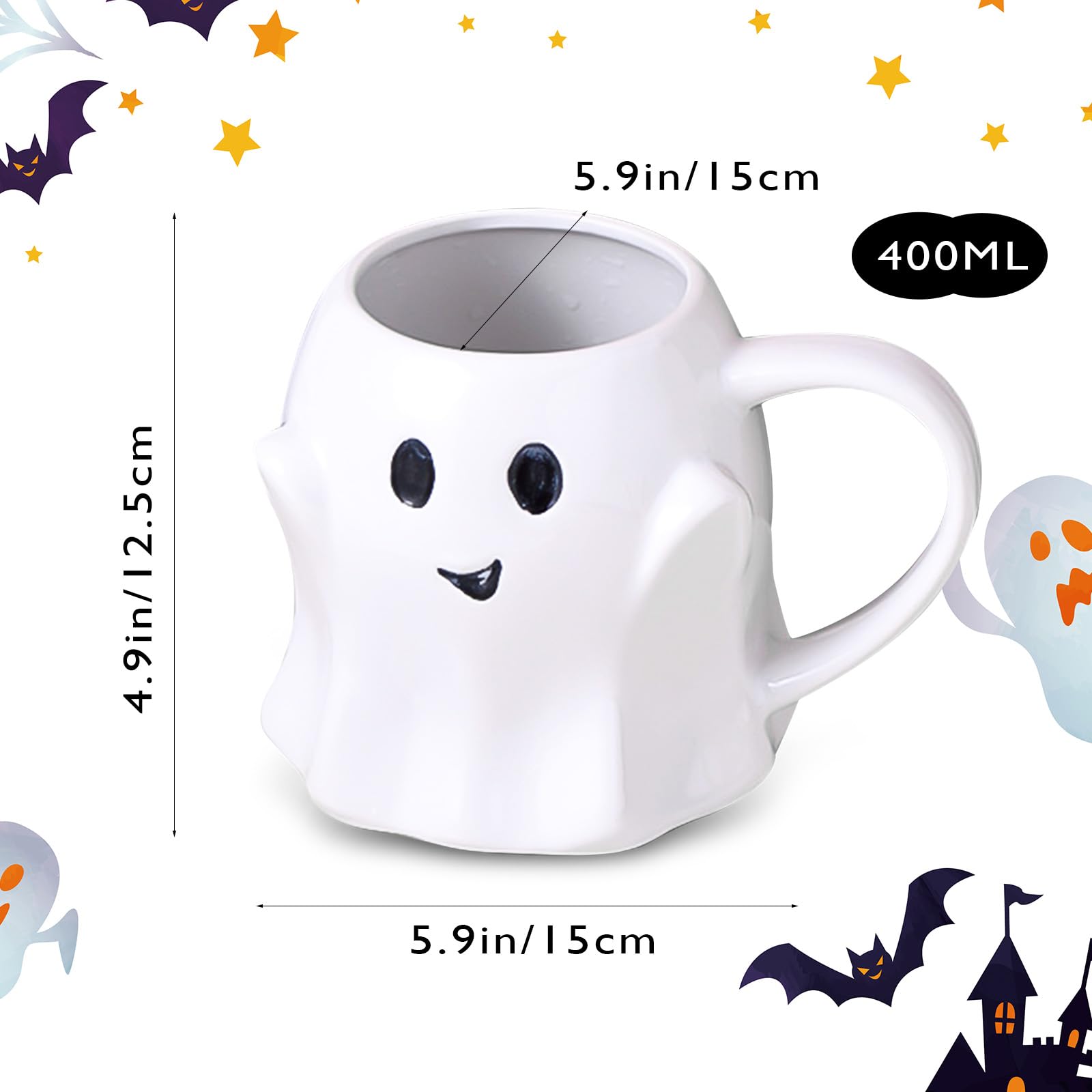 FANFX 13oz Halloween Ghost Mug, Ceramic Halloween White Ghost Pattern Mug. Coffee Mugs Halloween Birthday Tabletop Drinks Adult Gifts Children Gifts Women Gifts