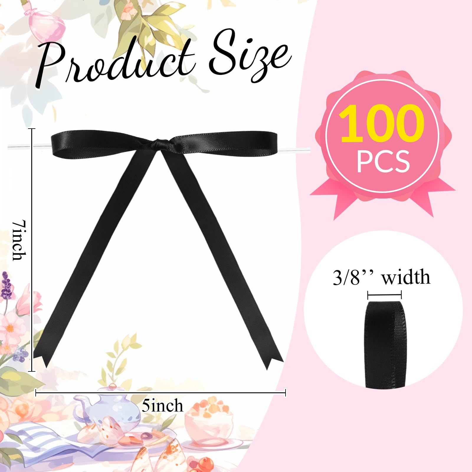 Riceshoot 100 Pcs Twist Tie Bows Bulk 5x7 Inch Satin Ribbon Bows for Gift Wrapping Cake Treat Bags Craft DIY Gift Wedding Baby Shower Birthday Party (Black)