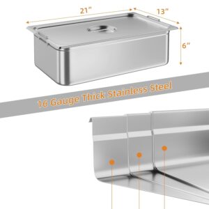 6 Pack Full Size Hotel Pan, Commercial Catering Hotel Pan, [NSF Certified][with Handle & Lid] Commercial Stainless Steel 6 Inch Deep Anti-Jamming Steam Table Pan