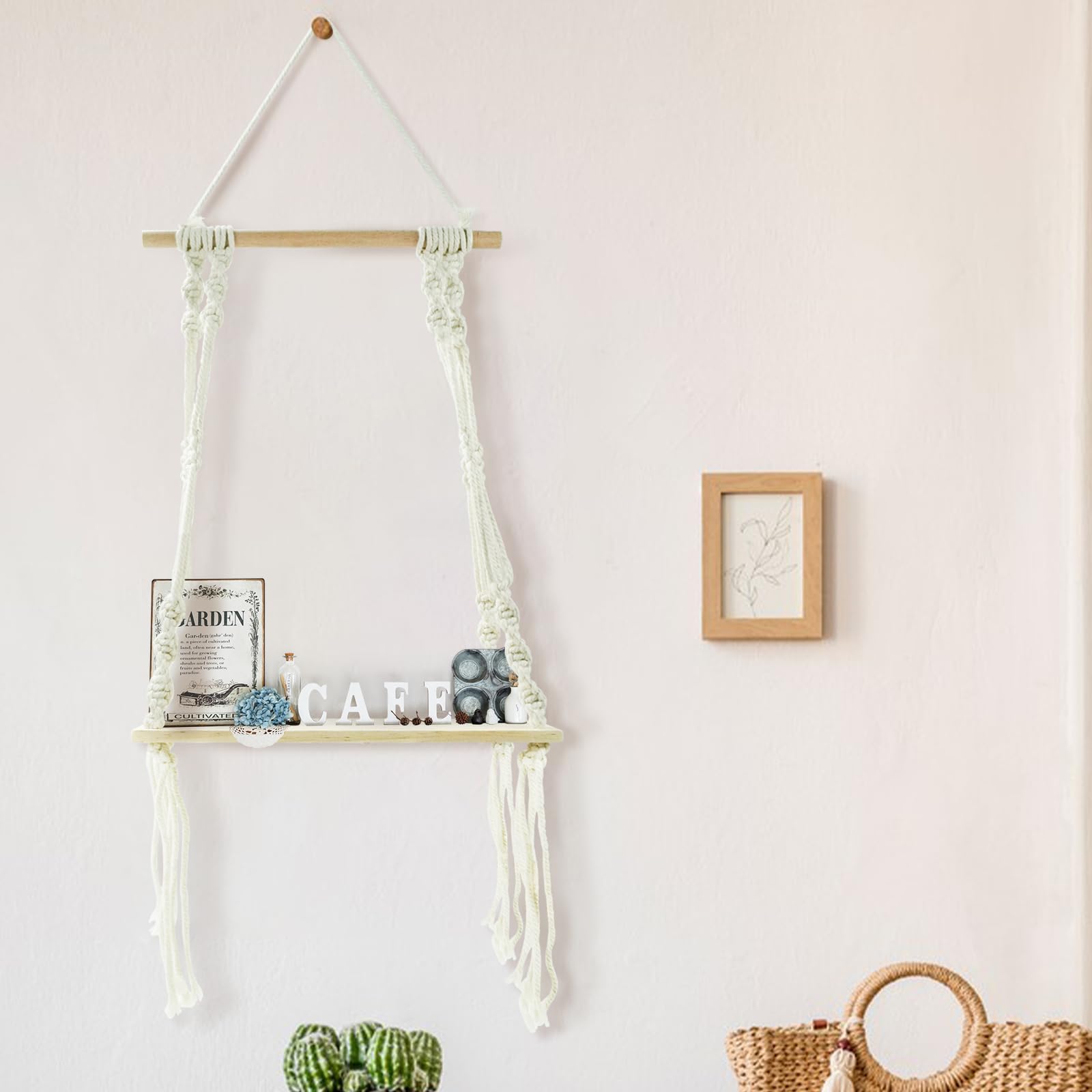 Banderoller Floating Shelves, Macrame Wall Hanging Boho Decor Wall Shelf Wood Storage Shelves Plant for Wall Decor Hanging Shelf for Bedroom Bathroom Living Room