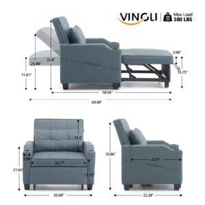 VINGLI Sofa Bed Chair Recliner, 3-in-1 Convertible Sleeper Sofa Chair Bed Blue Gray Daybed Pull Out Couch Bed with Adjustable Backrest, USB Ports, Cup Holders for Small Spaces Living Room