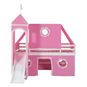 Pink Twin Size Loft Bed with Slide, Windows and Tent, Safe Playhouse Design with Guardrails and Ladder, No Box Spring Required, Perfect for Kids Bedrooms, Pink