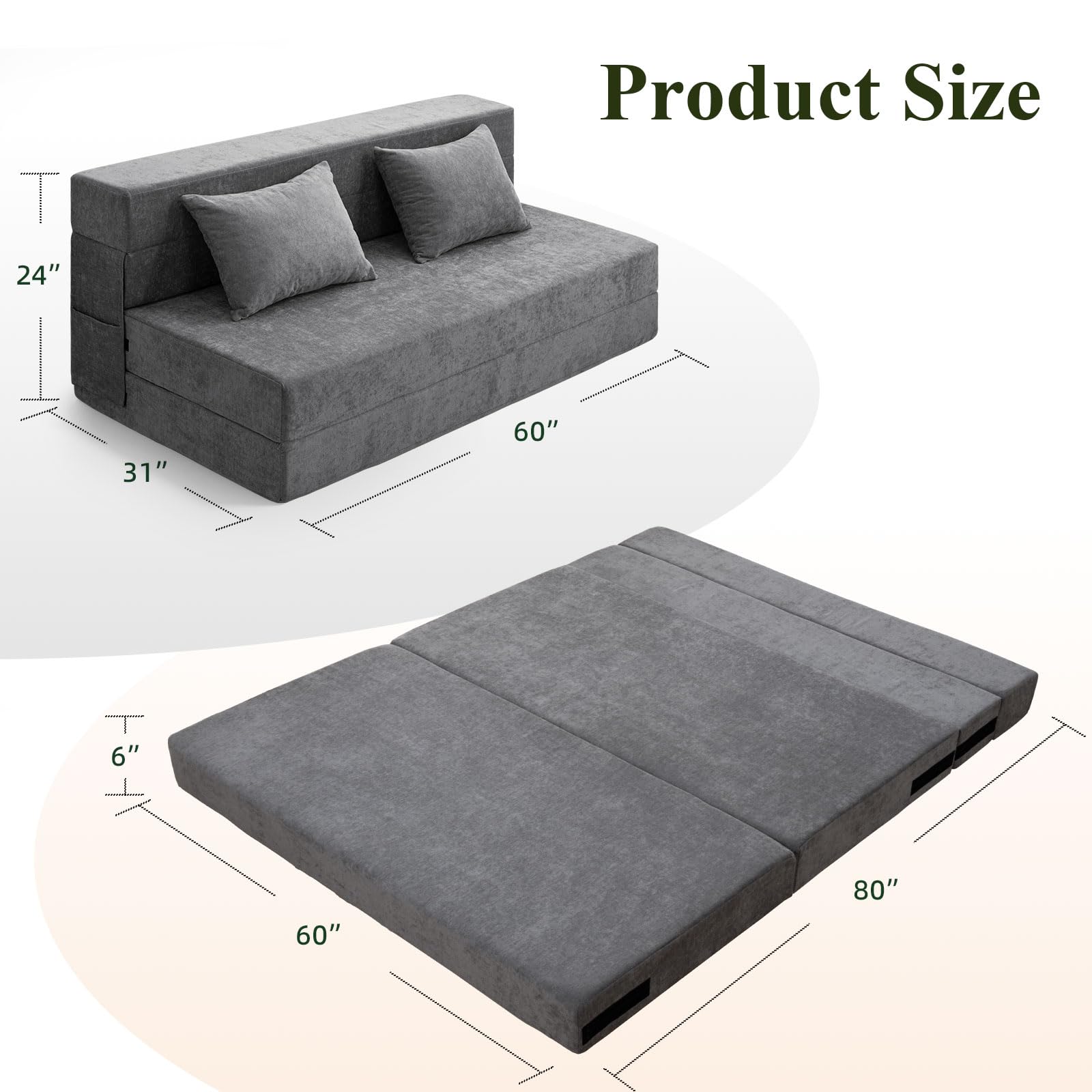 HOMFINE Folding Sofa Bed - Convertible Sleeper Chair with Pillow, Fold Out Couch, Foam Floor Mattress, Futon Couch, Lazy Sofa for Living Room/Dorm/Guest Room/Home Office, Queen, Grey