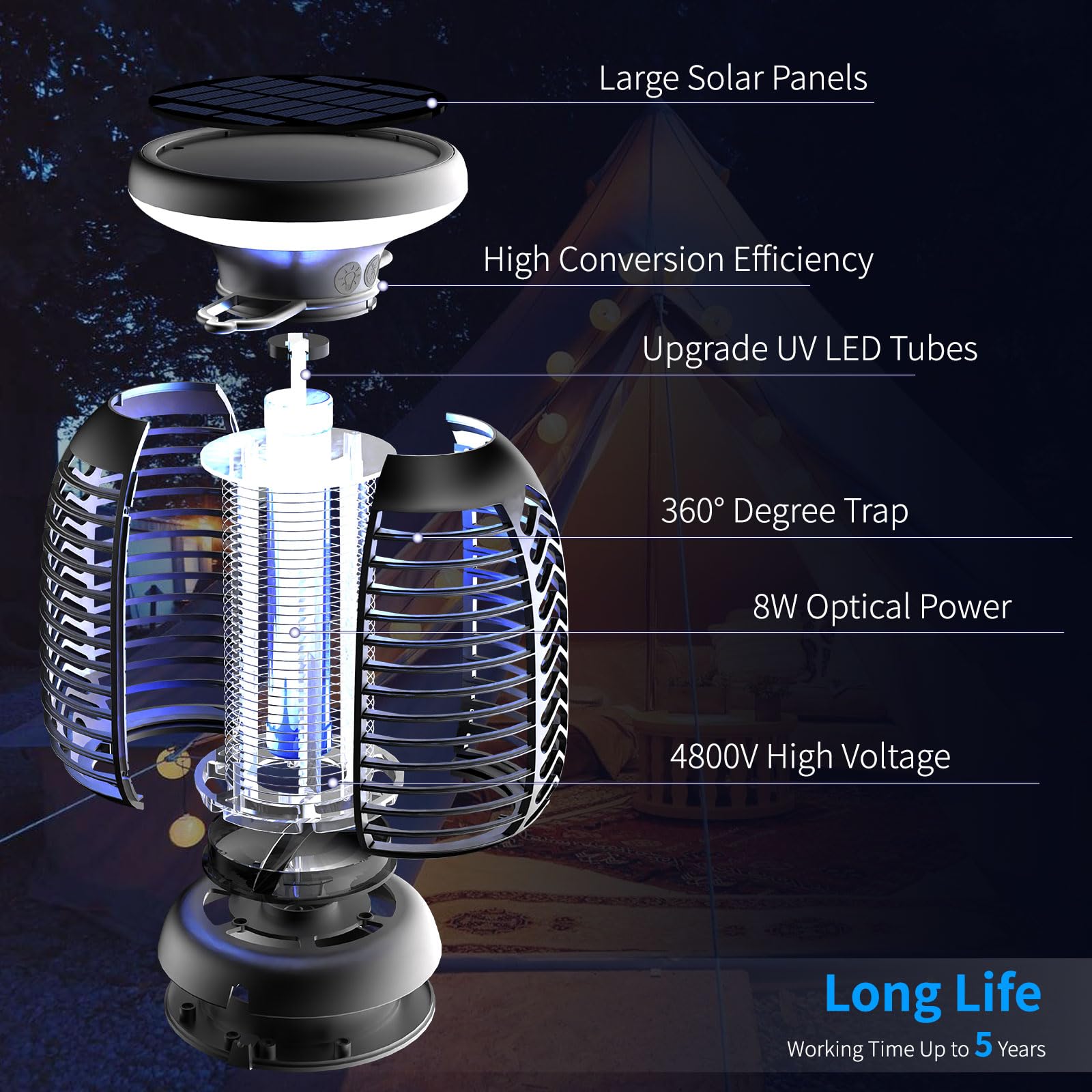 Outdoor Solar Bug Zapper,Mosquito Killer Bug Zapper with LED Light | 4000mAh | IP66 Waterproof | 2200V High Voltage Grid for Home, Patio, Lawn & Garden