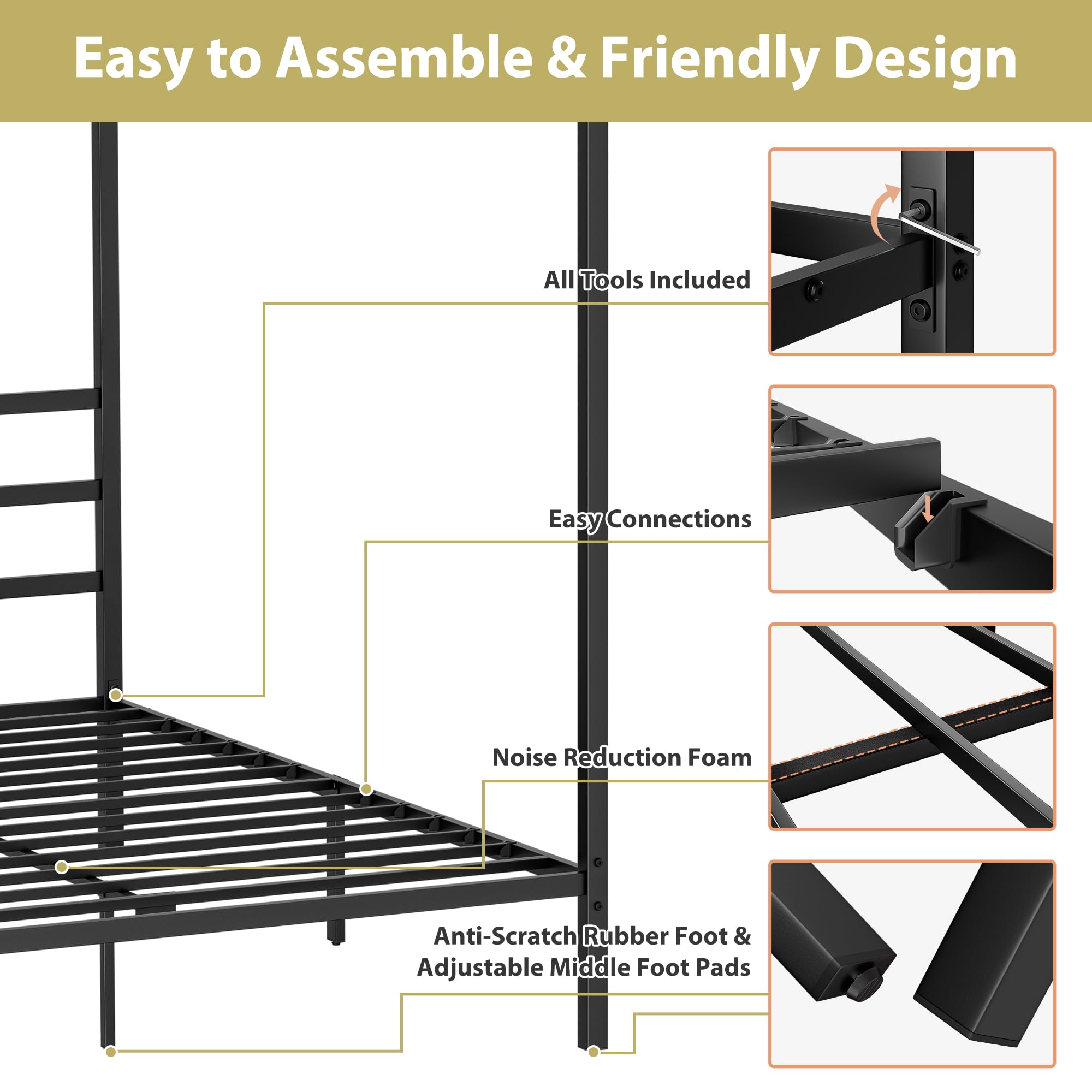 SUPER DEAL Metal Canopy Bed Frame Queen Size Four Poster Bedframe with Built-in Headboard 14 Inch Platform Mattress Foundation Sturdy Slatted Structure No Box Spring Needed Easy Assembly, Black