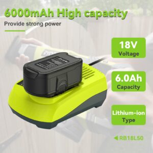 Upgraded P117 21V 3A Rapid Charger + 2 Pack 6.0Ah 18V RB18L50 Lithium Battery Combo for RYOBI P108 P102 P104 High Capacity Cordless Tool Batteries