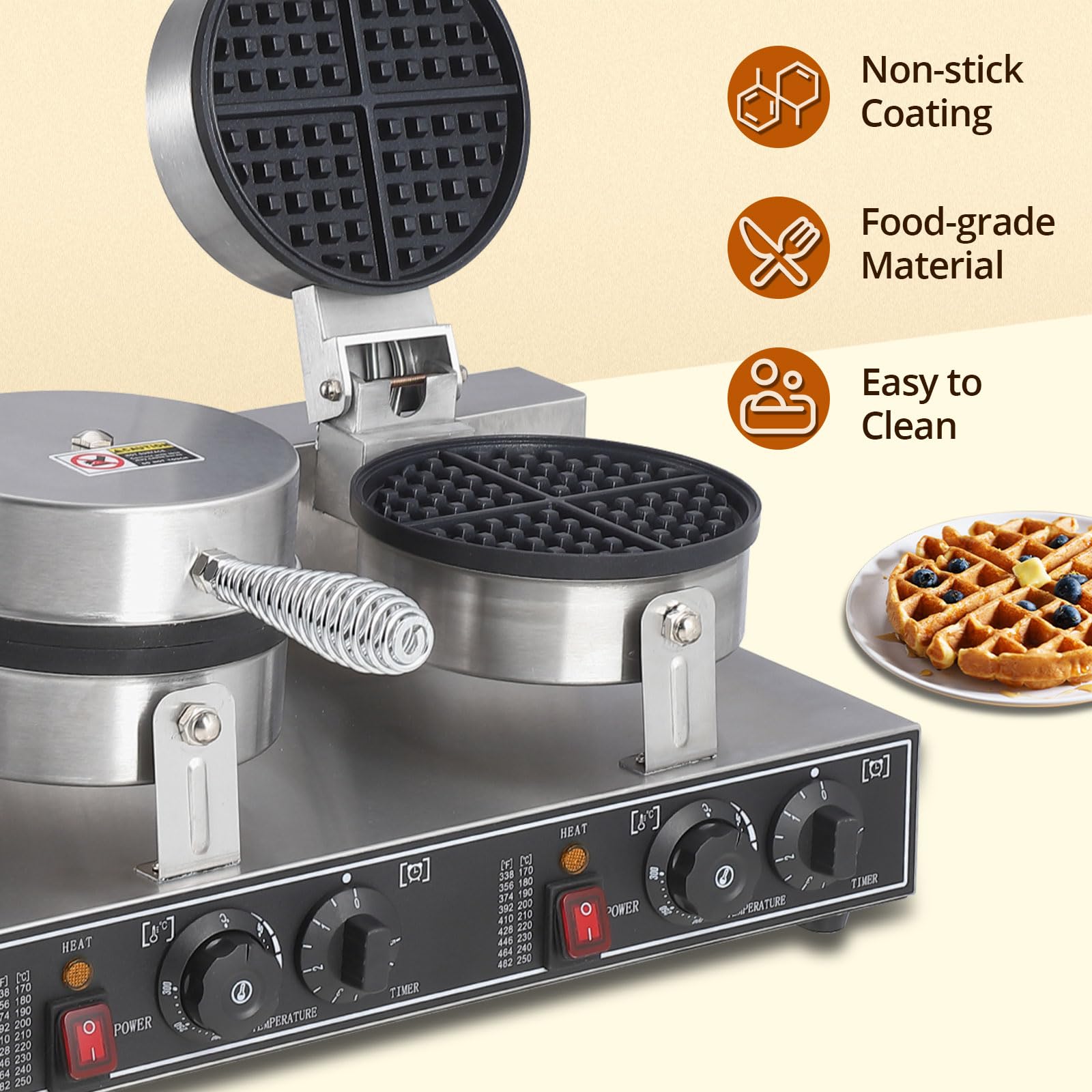 PioneerWorks Commercial Waffle Maker 2600W, Round Waffle Iron, Non-Stick Rotatable Waffle Baker Machine, Stainless Steel Round Commercial Waffle Maker for Restaurant, 50°C-300°C Temp Range, 110V