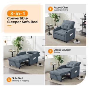 VINGLI Sofa Bed Chair Recliner, 3-in-1 Convertible Sleeper Sofa Chair Bed Blue Gray Daybed Pull Out Couch Bed with Adjustable Backrest, USB Ports, Cup Holders for Small Spaces Living Room