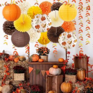 Fall Thanksgiving Party Decorations Set Brown Orange Paper Hanging Fans Maple Leaf Lantern Pom Pom Flowers with Autumn Leaves Pendant for Fall Festival Wedding Baby Shower Birthday Party Supplies